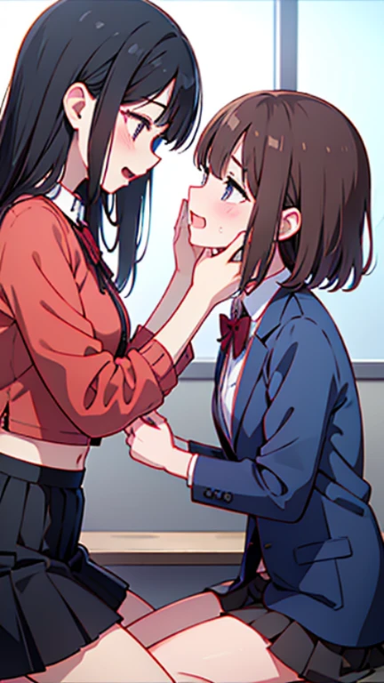 masterpiece, best quality, (two girl are having sex:1.3), home, on bed, kiss, high school student, short height, medium length hair, (ahoge:1.0), (brown hair:1.2), brown eyes, hairs between eyes, collared shirt, blazer, pleated skirt, , bow, black thighhighs, (saliva:1.4), (pussy juice:1.5), (sweat:1.2),