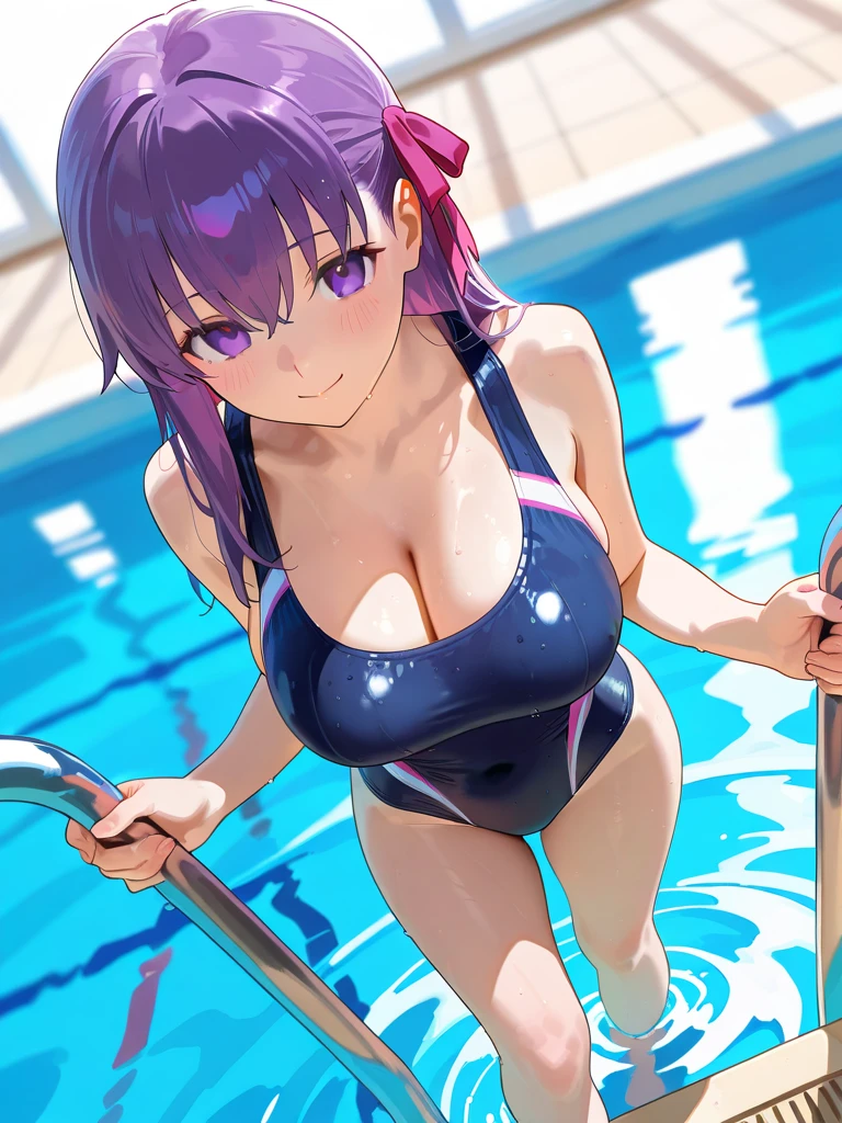 1girl, large breasts, breasts, wide hips, thick thighs, purple hair, short hair, very short hair, yellow eyes, one-piece swimsuit, blue swimsuit, competition swimsuit, black one-piece swimsuit, light smile, smile, hourglass figure, toned, toned female, tall, tall female, carry me, outstreched arms, outstreched arm, incoming hug, \o/, reaching towards viewer