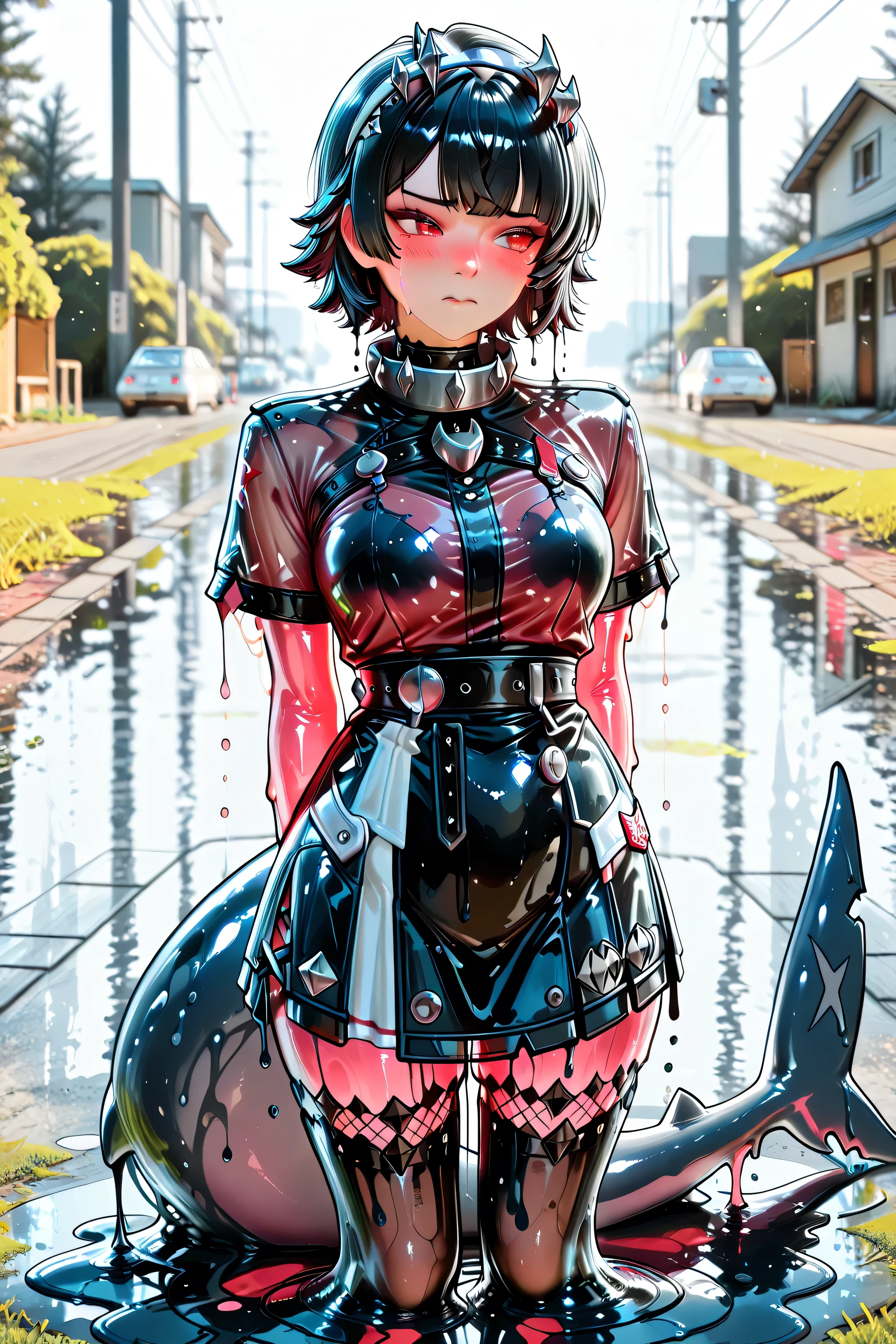 eyesHD,(adult Ellen Joe melting slimification:1.0, slime body, transparent body, Ellen Joe outfit:3.0, Melting intensely:1.0, puddle, dripping:1.0, shark tail, soaked see-through clothes, black hair, blushing intensely, red eyes, detailed face, masterpiece, photorealistic details,