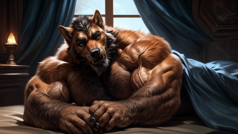 Bara, Solo, by Taran Fiddler, muscular male, mature age, middle-aged, furry male, canine, white fur, beard, , laying on the bed (()), sweaty body (()), using adult toy ((bad dragon)), inserting adult toy into (()), (()), dynamic posing, bedroom, dim lighting
