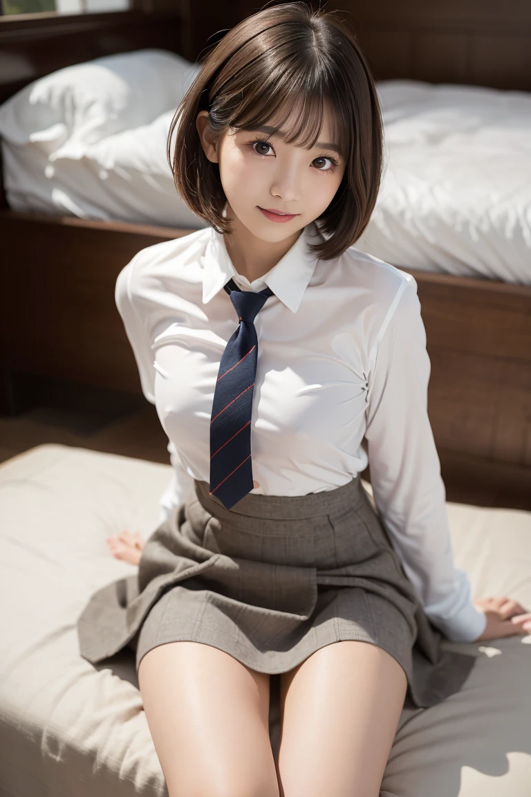 (20-year-old、young、cute:1.3)、(Japanese teenage girl idol:1.2)、(masterpiece:1.2)、Real Skin、Hyperrealism、Glowing Skin、Professional photos、(Natural light:1.2)、(Confused)、8k、( RAW Photos）、Perfect Legs、Perfect hands、（Flat Chest：1.4）、Droopy eyes、Thin lips、（No makeup：1.2）、Hollow Icy Hair、short hair、Brown Hair：1.2）、（ White skin)、(uniform:1.2)、(Pure white panties details:1.2)、(Camel Toe、mansuji:1)、(whole body:1.1)、(Lying in bed:1.2)、(Grab her) skirt:1.2)、(Daytime)、From above、(Complete Anatomy、Correct limbs:1.2)、グレーのskirt、Grey sweater、shirt、tie、Long sleeve、loafers、(Black short socks:1.3)、skirtリフト、Negative_Without hands、