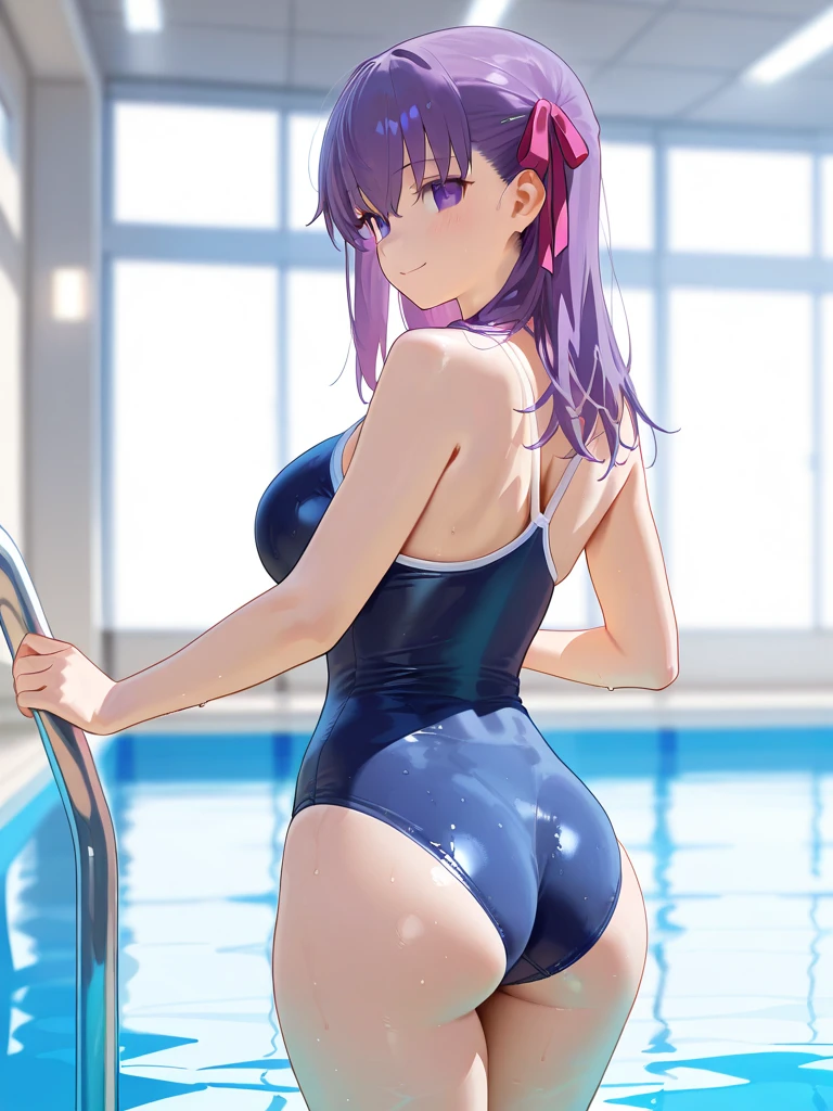 (((school swimwear)))、Beauty、Purple hair upstyle、((whole body))、(((photo taken from below)))、pool