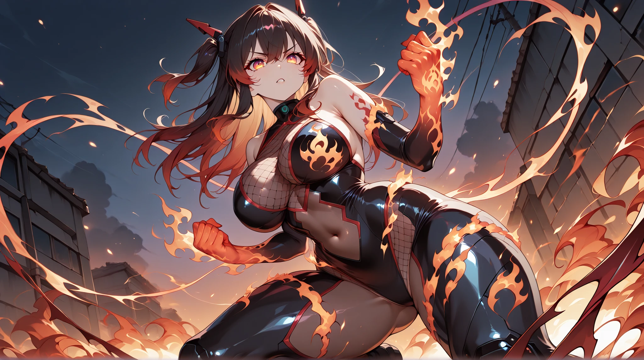 Hot Sexy Spider girl Wear ripped clothes with fire background , Full Body