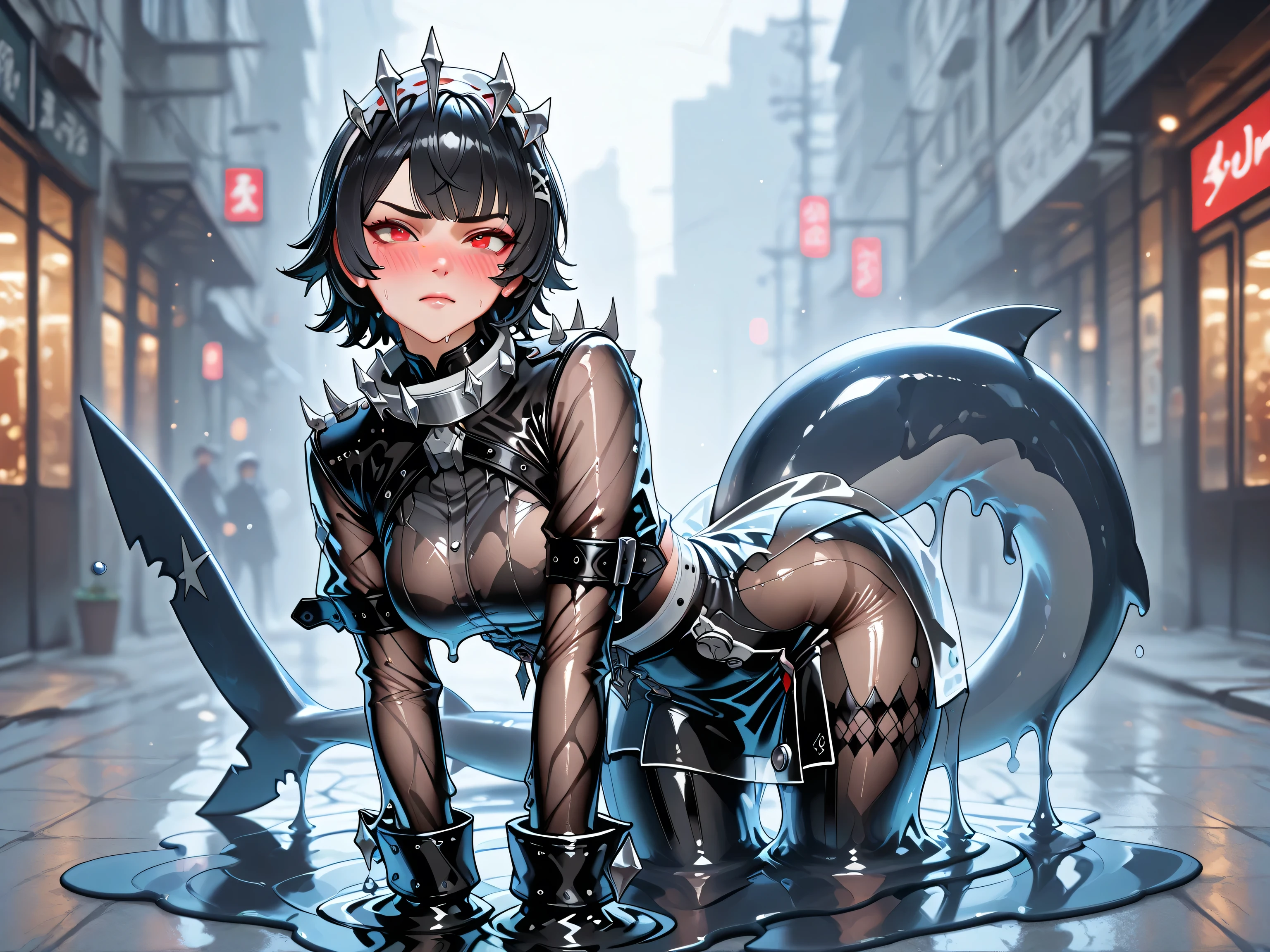 eyesHD,3DMM,adult Ellen Joe melting slimification:1.0, sexy exaggerated pose:1.0, transparent slime body, Ellen Joe outfit melting intensely:1.0, Melting intensely:1.0, puddle, dripping:1.0, shark tail, soaked see-through clothes, black hair, blushing intensely, red eyes, detailed face, masterpiece, photorealistic details,