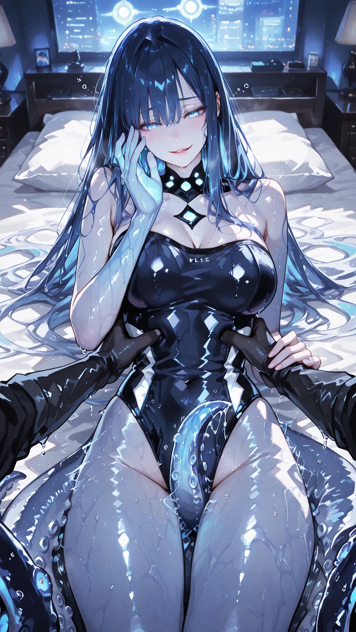 The whole body is covered with blue liquid，exposing her chest，Blue liquid，Beautuful Women，high-heels，blacksilk，Purple eye，are standing，Raised sexy，Cocked buttocks，Long-legged beauty，Thin leg，Mucus gets into the butt