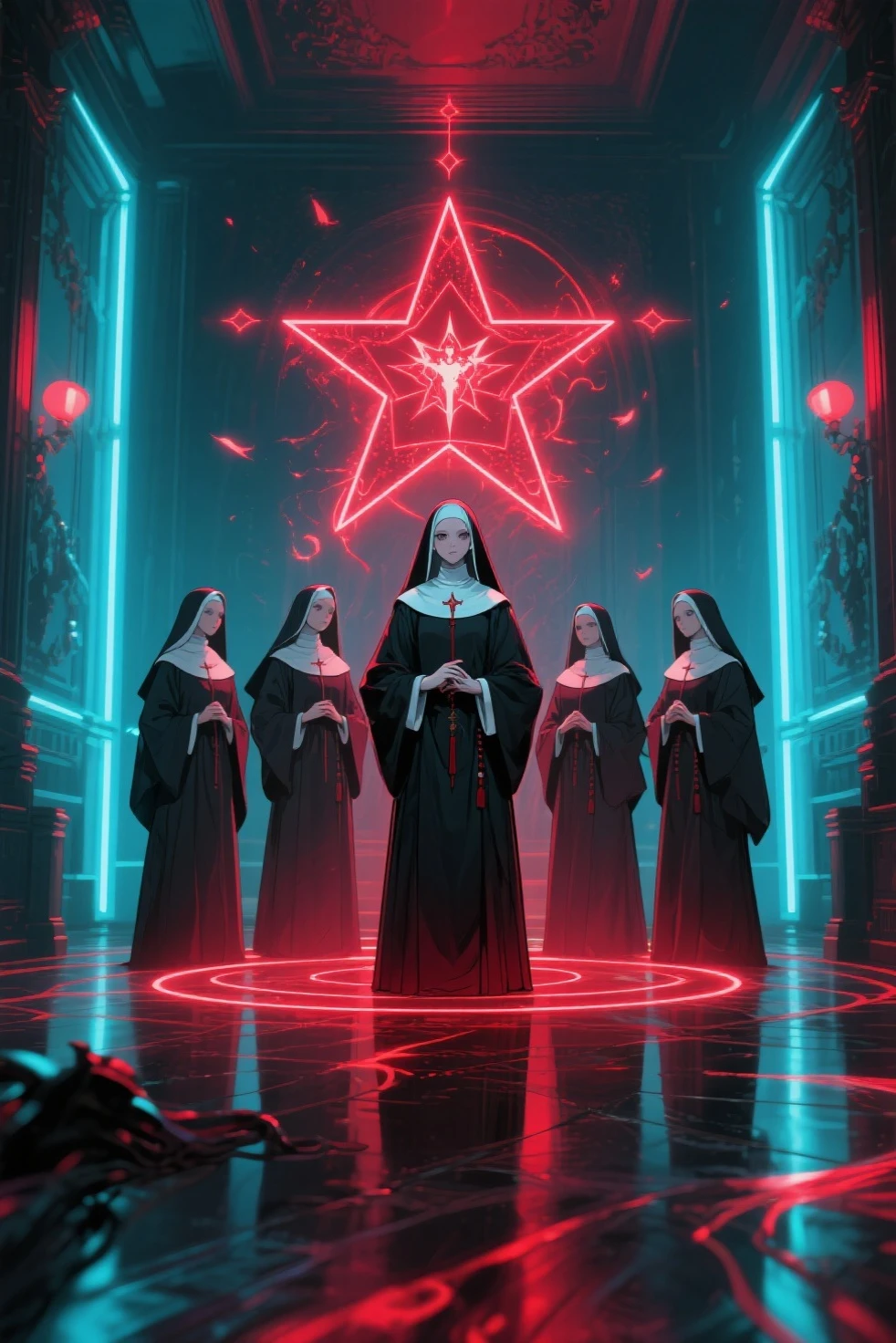 two women in leather outfits are posing for a picture, two hovering twin nuns, levitating twin nuns, beautiful sci - fi twins, alena aenami and lilia alvarado, orthodox cyberpunk, profile picture 1024px, cyberpunk church, vampire nun, beautiful gemini twins portrait, official artwork, alena aenami and artgerm, dj sura
