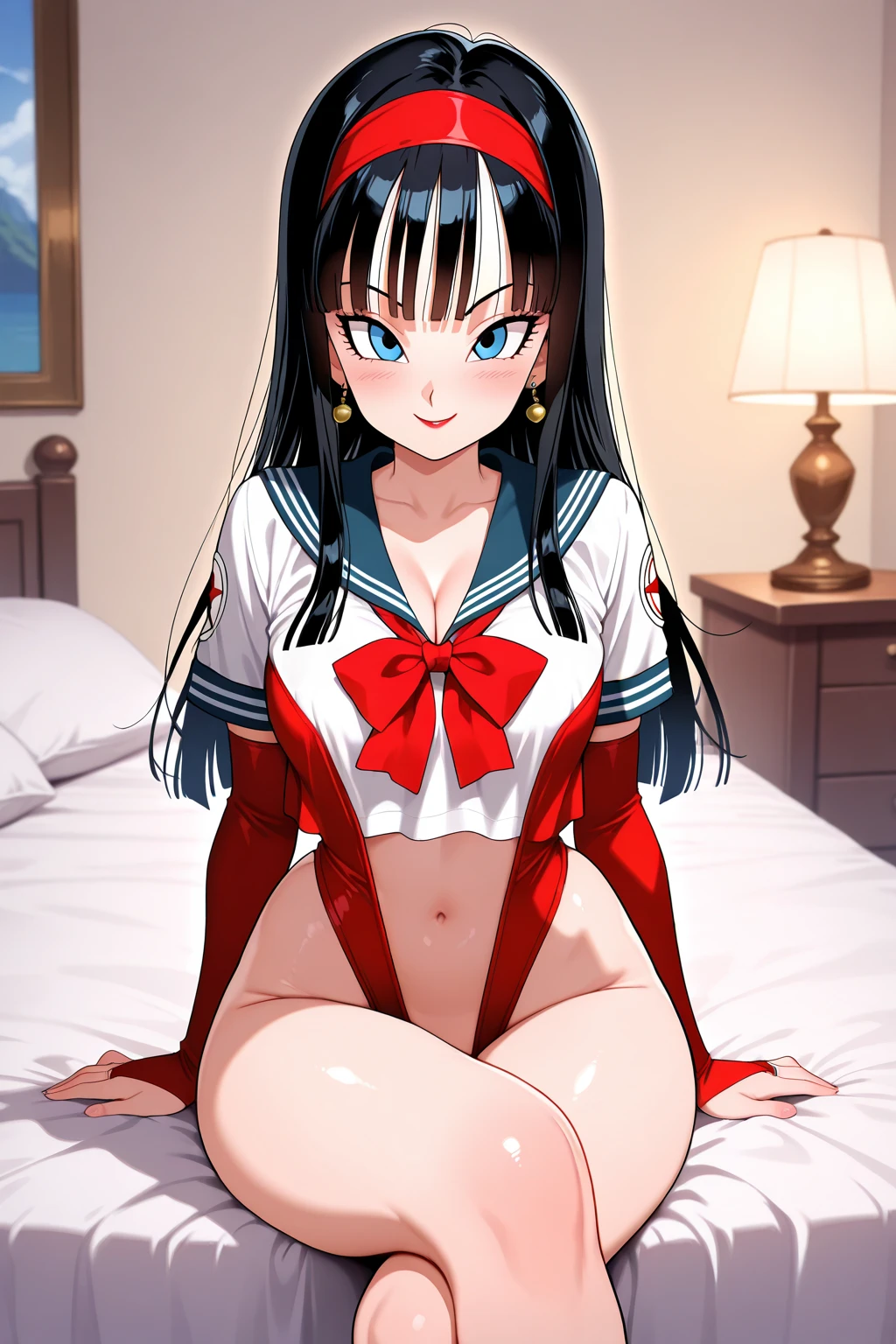 EPsm Sailor Mars, long black hair, blue eyes, circlet, choker, earrings, Red Sailor Suit, white elbow gloves, red ribbon, red skirt, red high heels, looking at the viewer, Severe, smile, embarrassing, blush, squat, Open your thighs wide to the left and right, Show off your ?????? to the viewer, arm behind head, In the living room, soft lighting, high quality, masterpiece,  