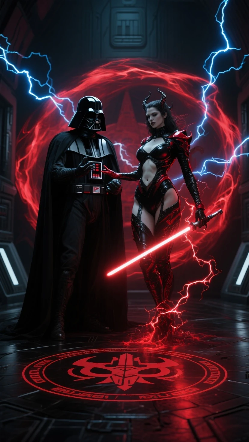   a   tall emo super pale sithlord  with red lightsaber gothic angry woman in witch hat, black velvets, lace, fishnets and leather tinged with scarlet or purple, accessorized with tightly laced corsets, gloves, platform boots and silver jewellery depicting occult themes wicked smile evil smirkwith swagger with  glowing hex circle magic infusion design  , depicting occult themes, 