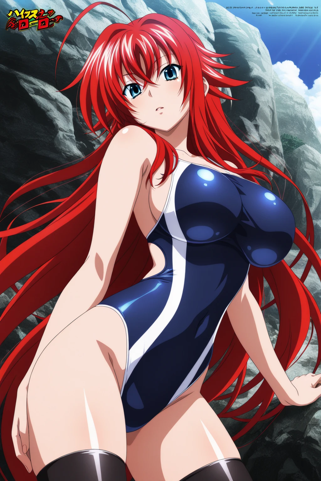 masterpiece, best quality, ultra-detailed, hires, beautiful, detailed hair and eyes, 1girl, red hair, long hair, ahoge,rias gremory dxd, very long hair, blue eyes, large breasts, wearing edgVB, hands in the hips,