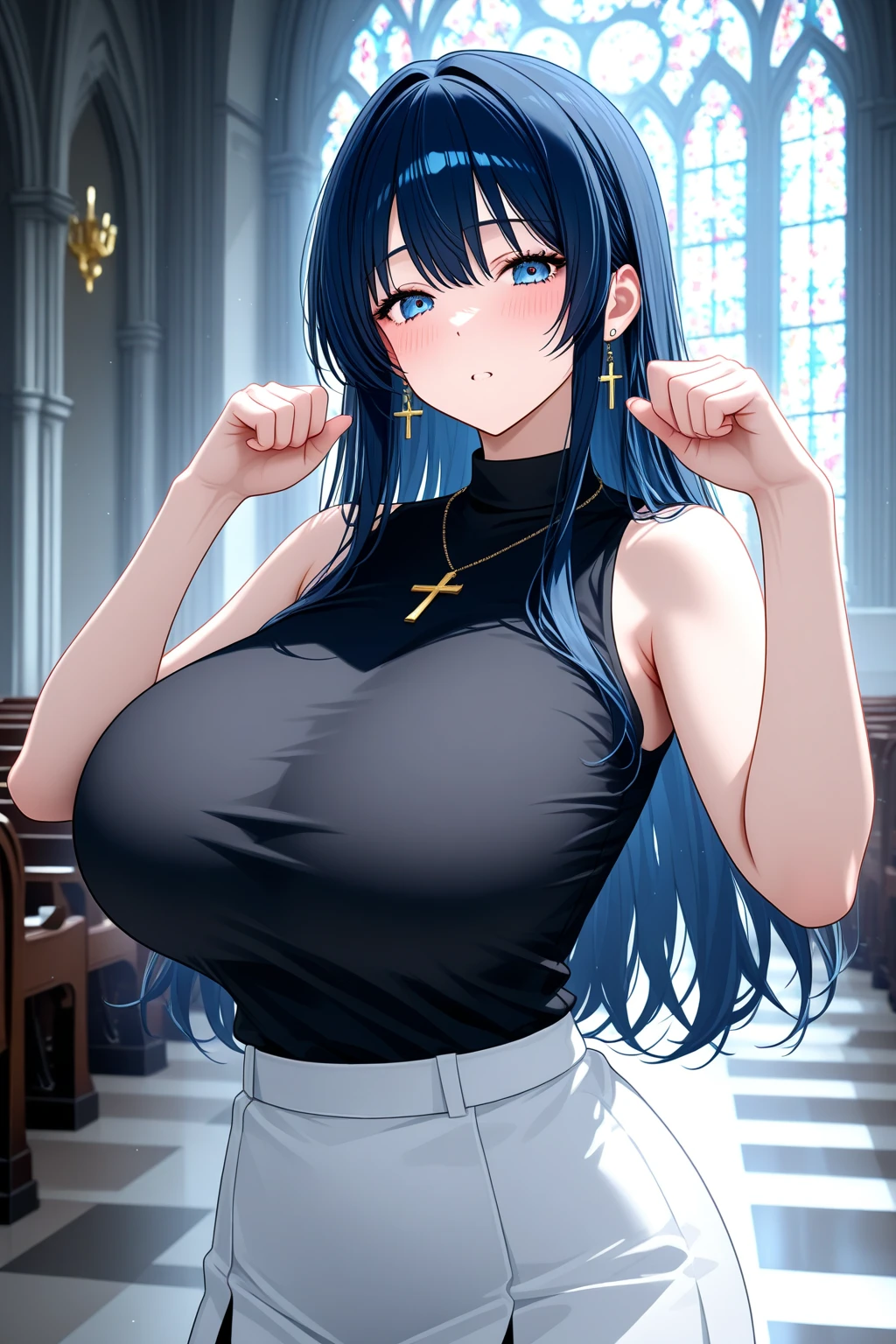 Anime Kawaii sexy Perfect Slim sensual body large breast and huge thighs, An intricate and highly detailed illustration of anime (Young girl). (work of art, Maximum quality, best qualityer), brown skinned anime girl wearing a v-neck sleeveless shirt and pants, starving from hunger, (descansando suavemente as hands on belly), (perspiring), (long hair), (hands on belly)