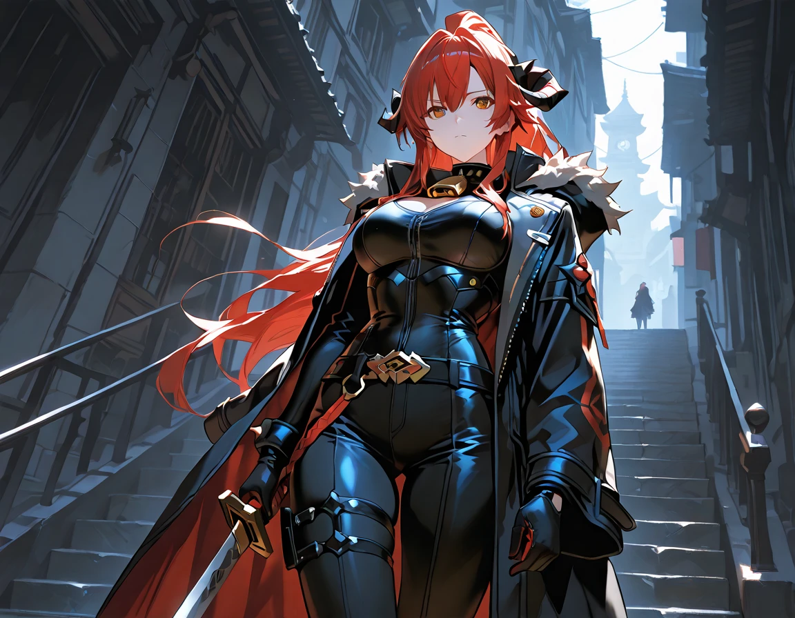Girl1, solo, Phantoma, hells 2008, hells angels, anime_style, helmet, blue cape, black bodysuit, black gloves, red eyes, blue breasts, grey skin, red hair, spike shoulders pads, city