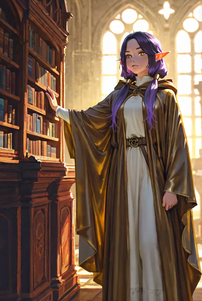 masterpiece, best quality,A girl, World of Warcraft Gnome,Adorable, light purple hair, big twin tails, Adorable eyes, small lips, purple mage robe, purple mage hat, brown leather boots, holding a sword in her left hand and a book in her right hand,Magical medieval city,4K background,