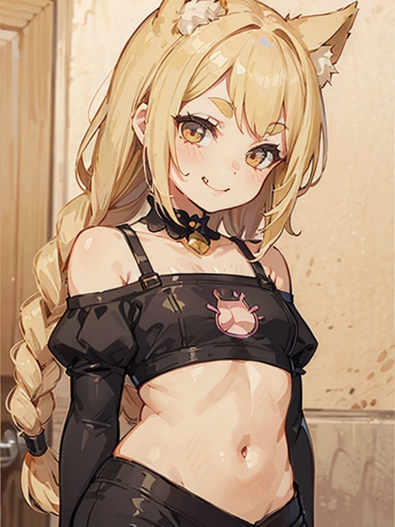 Black and white mesh hair color、Black beret with chain、Wavy long hair、Black tank top、Belly button exposed、Black denim shorts、smile