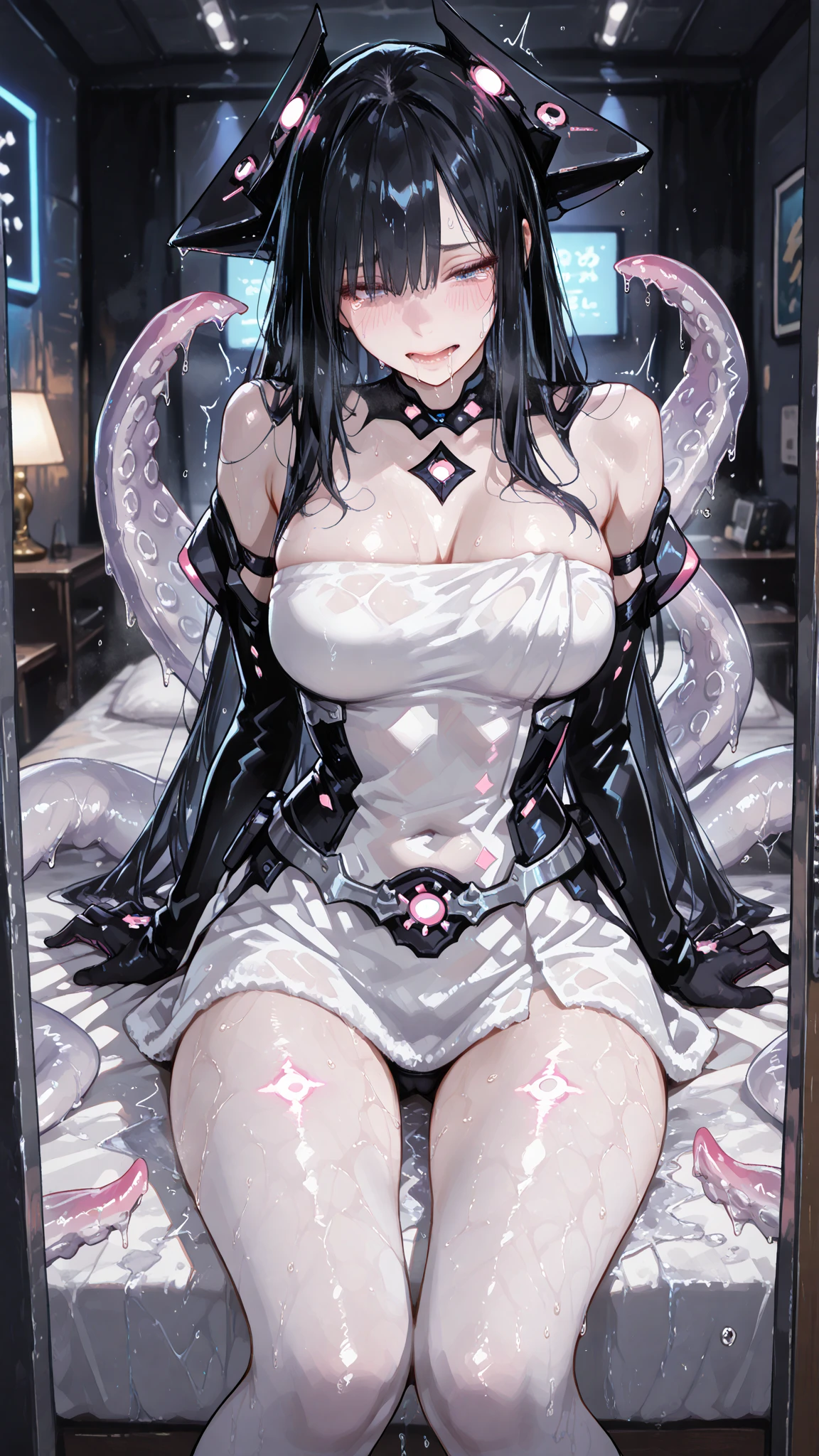 Long brown hair JK 17 years old Nude Pink eyes Black knee-high socks Straight Big breasts Tentacles Milking Restraints Arms tied