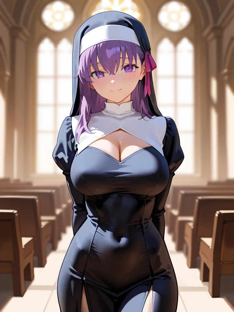 rosaria, rosaria, bags under eyes, hair between eyes, long eyelashes, multicolored hair, (purple eyes:1.1), purple hair, red hair, short hair, streaked hair, (medium breasts:1.2), BREAK bare shoulders, breasts, elbow gloves, fishnet pantyhose, fishnets, gem, gloves, gradient, nun, pantyhose, red gemstone, skindentation, thigh strap, tiara, white gloves,lace,
BREAK looking at viewer,
BREAK indoors, church,benches, candles, fire,
BREAK (masterpiece:1.2), best quality, high resolution, unity 8k wallpaper, (illustration:0.8), (beautiful detailed eyes:1.6), extremely detailed face, perfect lighting, extremely detailed CG, (perfect hands, perfect anatomy),from above,upper body.