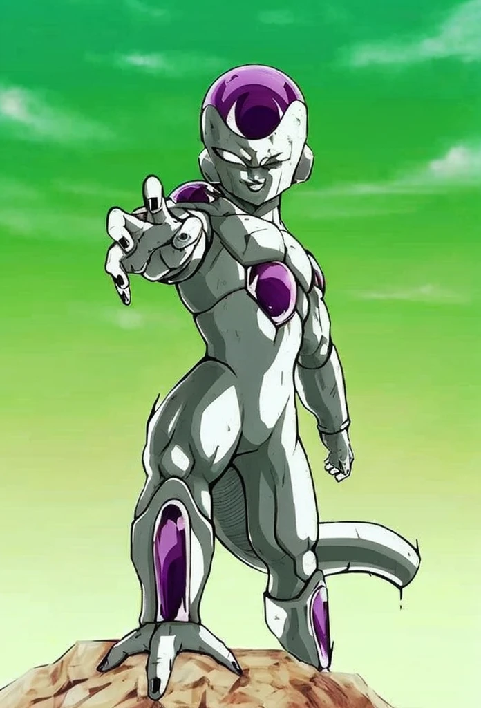 masterpiece, best quality, 1boy, frieza, full body, male focus, red eyes, solo, tail, sfw,, sitting down on grass, blue sky, sunny, beautiful. two legs, two arms, and one tail.