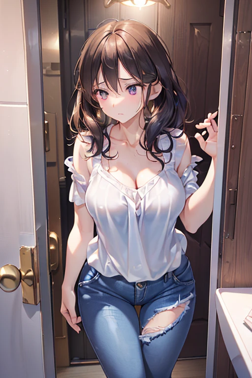Two Girls , university student, (topless), Large Breasts, (Pull up your skirt, micro thong), Upper Body、necklace、smile, shy, Bedroom,