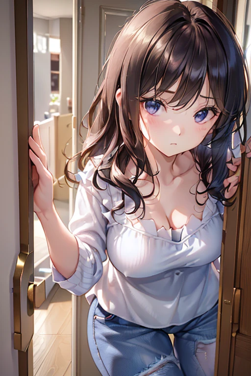 masterpiece, best quality, highres, 1girl, peeking out upper body <lora:peeking_out_upper_body_pruned:1> opening door