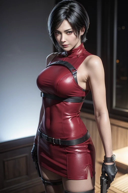 Arti modern anime. angled view, heroic pose, face closeup portrait of stunningly beautiful (Ada Wong from Resident Evil) as an heroic brave lady, in a violent action scene, wind blowing short black hair, slim body, highly ornamented and detailed red long silk dress, dark pantyhose, black high heels, depth of field blur effect, night, full zoom, action portrait, photorealistic. cinematic lighting, highly detailed. best quality, 4k, Better hand, perfect anatomy, leaning forward, foreshortening effects, coy flirty arrogant focused expression, in a horror scene, fighting off a hoard of zombies, closeup of the action, violent fight scene, crouching, legs bent