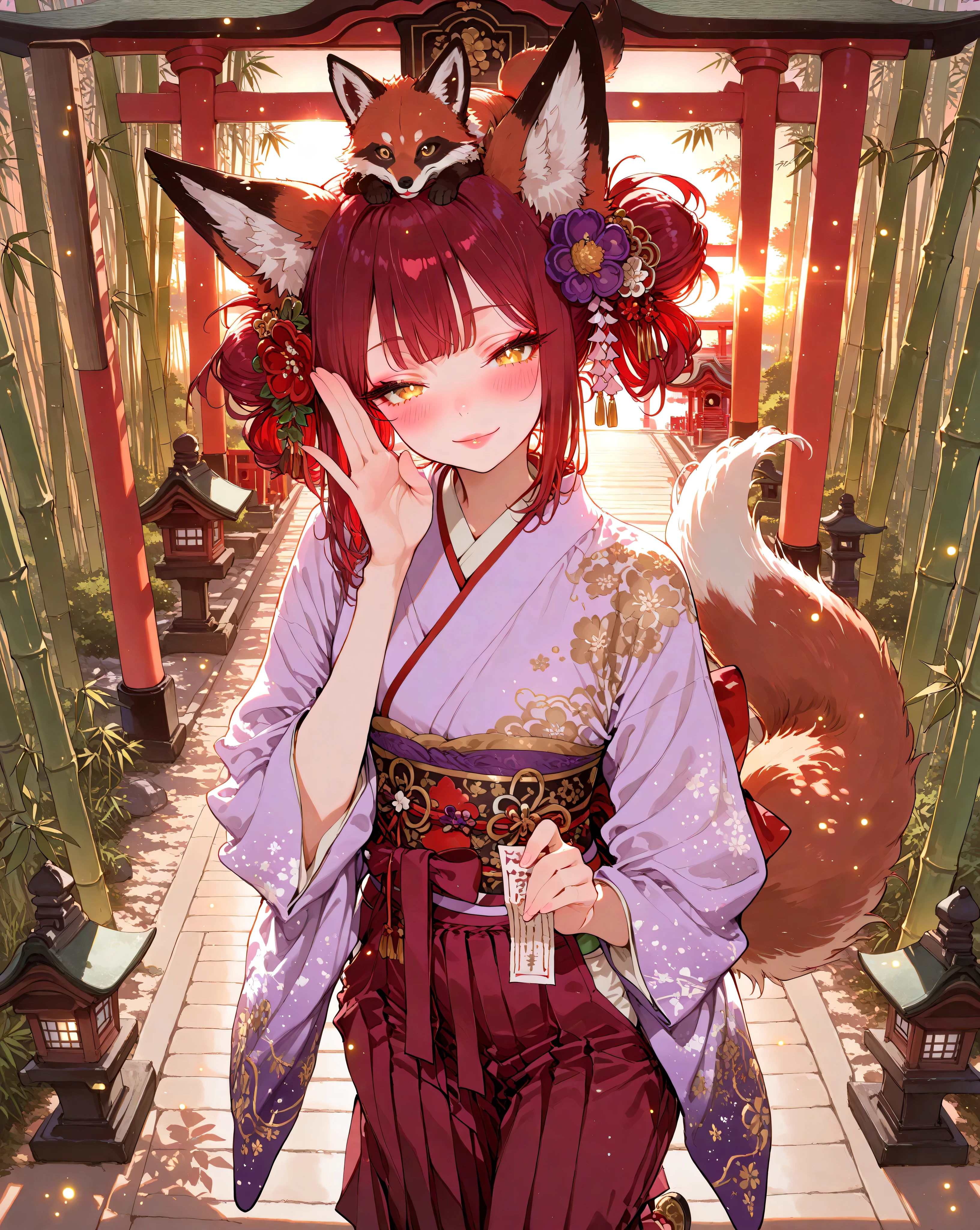 (masterpiece,best quality,good quality,ultra high resolution,ultra detailed,newest):1.5,
(anime style,sharp focus,illustration,clean lines):1.4,
(glowing,cg effect):1.8,(ethereal,dreamlike):1.6,(luminous aura):1.5,
(from above), (upper body),
(breathtakingly beautiful woman):1.8,
(1girl),
(dark red fox ears,dark red fox tail):1.8,(fox on head):1.5,
(standing,graceful pose):1.3,
(silhouette,blended background):1.6,
(look at viewer),
(blush,seductive smile,porcelain skin,hyper-detailed face and eyes,golden eyes,individual eyelashes,thick lips,detailed pupils):1.6,
(curvy body lines,biologically correct, perfect realistic hands and feet,natural and graceful hand pose:1.1):1.6,
(dark red hair,outer hair:dark red):1.5,(inner hair:light red):1.5,(flowing silky):1.6,
(traditional Japanese Yasha-maki hairstyle,stray hair strands framing face):1.4,
(kanzashi,kogai,tama-kanzashi,bira-kanzashi,beautiful floral hair ornament,small floral,glistening,ornate hair ornaments for double buns):1.6,
(fitted kimono and hakama style):1.8,
(lavender kimono tops,long flowing sleeves,intricate floral embroidery:0.8):1.7,
(plain deep purple long hakama,wide pleats,wide bell bottoms,Ankle-cut hem):1.8,
(deep purple obi,intricate gold pattern,obi attached to hakama):1.6,
exposed brown ankle boots,
(textured fabric,intricate embroidery):1.4,
(shrine grounds,torii gate,(main shrine building,honden,ornate shrine,traditional Japanese shrine architecture),stone lanterns):1.8,
(bamboo forest,bamboo grove,tall bamboo,lush greenery,behind shrine):1.7,
(shimenawa,ema,omikuji,chozuya,komainu):1.5,
(morning sun,sunrise,golden hour,warm light,soft light,sunlight rays,dappled light,atmospheric light):1.8,
(cinematic lighting,volumetric lighting,dramatic lighting,dynamic lighting,contrasting light and shadow,rim light,dramatic angle):1.3,
(soft glow,iridescent,glowing particles):1.3