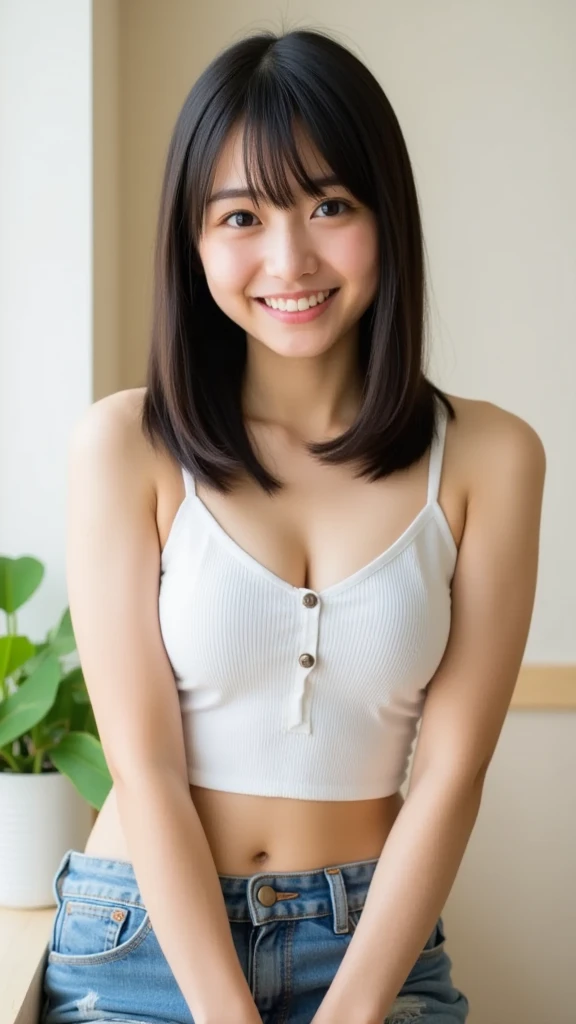 1girl, beautiful woman pink tank top jacket、Pink Panties, skinny, perfect body, defined abs, gold hair, standing in a white wall photography studio,  ultra-detailed face, beautiful eyes, beautiful lips, double eyelids, shy smile, trimmed bangs, sun-kissed skin, hint of pubic hair, (best quality, 8k, masterpiece:1.3), frontal and full-body shot, pussy line, front facing, open legs