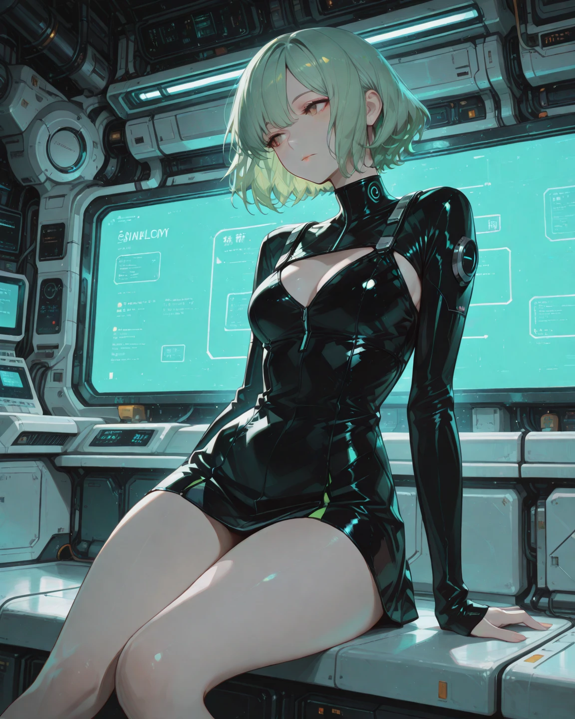 green hair, swept bangs, straight hair, floating hair, goggles on head, Conceptual art, cinematic lighting, sparkle, viewfinder, cowboy shot, Sony FE GM, UHD, anatomically correct, masterpiece, accurate, textured skin, high quality, highres, best quality, high details, super detail, award winning, 8k, Pink bodysuits, futuristic spies, undercover investigations, Laboratory, Get on all fours, hide, A scene from a science fiction anime, science fiction, from side