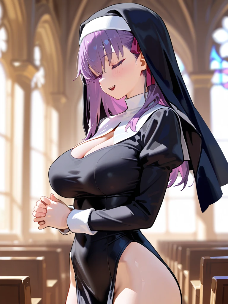 (8K,Highest quality,masterpiece:1.2),(detailedな瞳),(detailed),(detailedな手指),High quality CG Unity 8k Huge file size,Ultra fine,High resolution,Beautiful Eyes,Ray Tracing,Dramatic Shadows,delicate,Hyper Detail、Purple Hair、woman、Very large breasts、wear((Cosplay_,saint、Sister、Black and white clothes))、Black Skirt、Cleavage、((clergyman))、Cowboy Shot、(squat)、(Simple Background)、((Very wet))、Alluring expression、((Spread your legs wide))、blush、Big thighs
