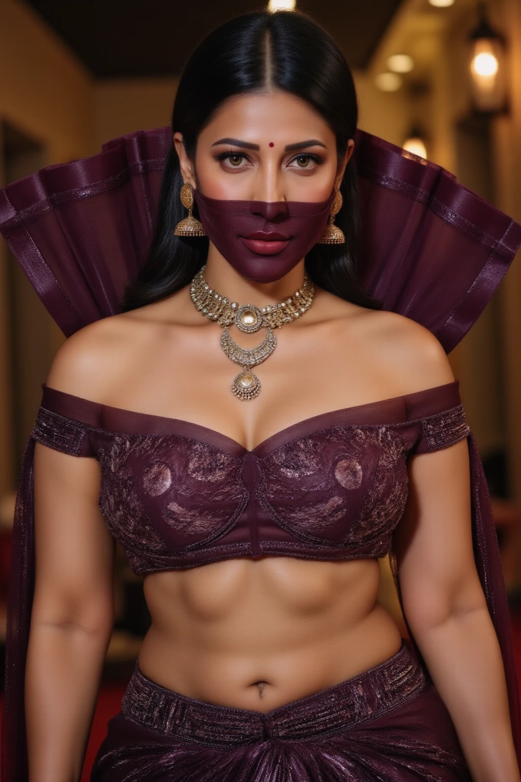 Best quality, masterpiece, portrait, young Indian woman, looking straight at viewer, wearing simple blue floral strapless gown, wearing black face mask, standing, detailed face, detailed body, short height, symmetric face, big cute eyes, dynamic pose, tattooed hands, deep cleavage, perfect anatomy, photorealistic, slim body, black braid hair, 8k, ultra realistic, wide desktop wallpaper, ambient occlusion