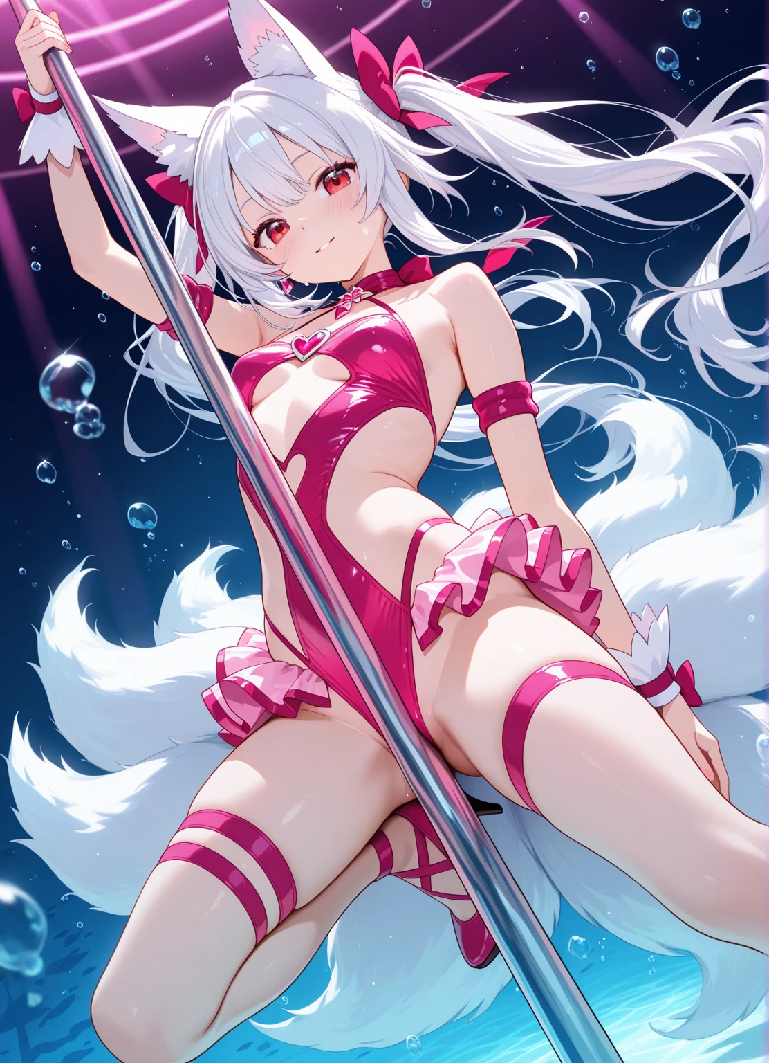 1girl in, Animal ears, Cat's ears, Solo, Leotard, tail, Long hair, Detached collar, Yellow eyes, highleg leotard, Cat tail, Armpits, Wrist cuffs, Looking at Viewer, white  leotard, highleg, Smile, White background, Arm up, Open mouth, pole, Fake animal ears, neck tie, Strapless, blush, strapless leotard, Grey Hair, Bare legs, cleavage, Large breasts, thighs thighs thighs thighs, Very long hair, black necktie, Bare shoulders, Short tie, Cowboy Shot, White hair,(Shiny skin),(maturefemale:1.2),Blanc \(nikke\),,((Chibi))