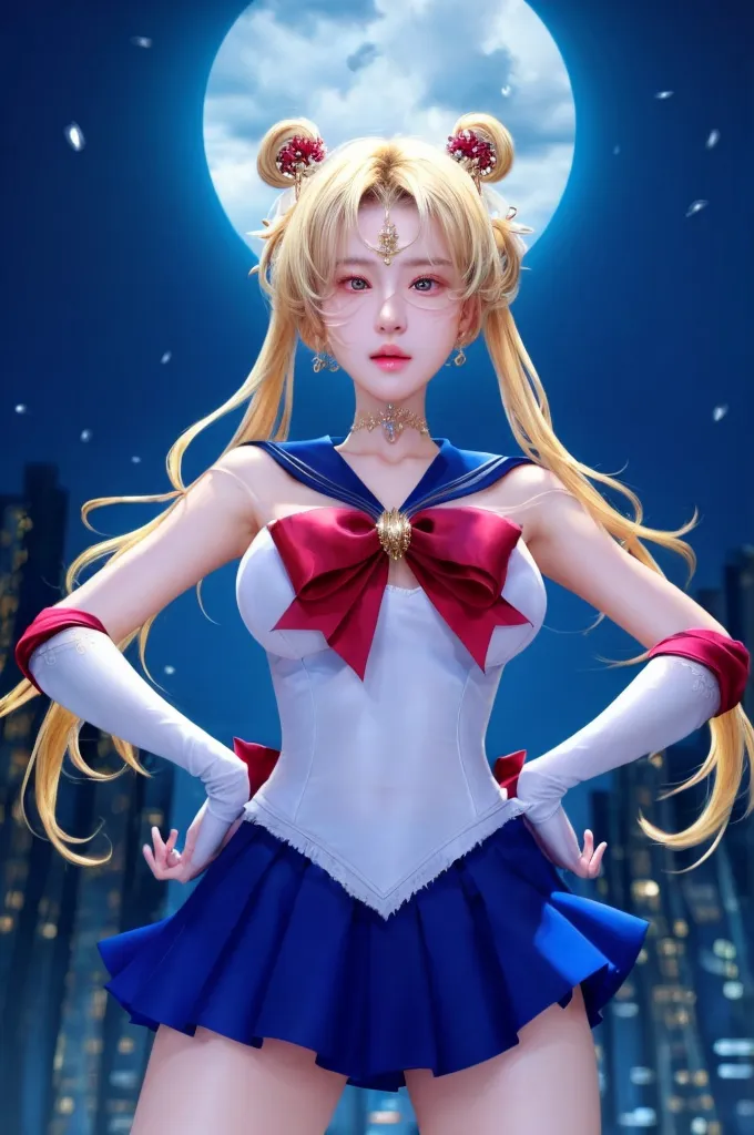 NSFW,table top、full:1.3、stand、8k、。.3d、realistic、super micro photography、highest quality、Wallpapers with extreme details CG Unity 8k、from below、intricate details、(1 female)、2、(sailor moon:1.6 Super Bishoujo Senshi sailor moon Mer1、Meisha Onfu,Land、sailor warrior uniform Sailor:1.5、sailor moon:1.5,Eternal sailor moon)、(Incredibly long and bright blonde twintails:1.4、thin and very long straight twin tail blonde, bun hair、Red round hair ornament for hair bun)、((sailor warrior uniform、sailor color,pregate mini skirt:1.5、Glossy pleated mini skirt:1.3、very large red ribbon on the chest,,,,,、white long latex gloves,red gloves on the elbows、A gorgeous golden tiara on the forehead、Ear Nipple Ring,luxury golden jewelry))、Extremely thin and fitted high gloss white holographic leather、High-gloss white latex high-leg swimsuit that shines like oil,(facial details:1.5、bright blue eyes、Beautifull expression、beautidfull eyes、iris outline, shining eyes、thin lips:1.5、thin and sharp pale eyebrows,、long and thick eyelashes、double eyelashes、thin, thin and muscular,,,、small face、tall and big breasts、perfect proportions、big breasts thin waist、sexy model posing、dynamic pose,Visible pores、enchanting smile、perfect hands:1.5、octane rendering、very dramatic picture、(The divinity of the moon,space background、moonlight rays、moon、dynamic background、exquisite light and shadow、dynamic angle、detailed background),strong natural light、sunlight、Digital single-lens reflex camera、sharp focus: 1.0、maximum clarity and sharpness