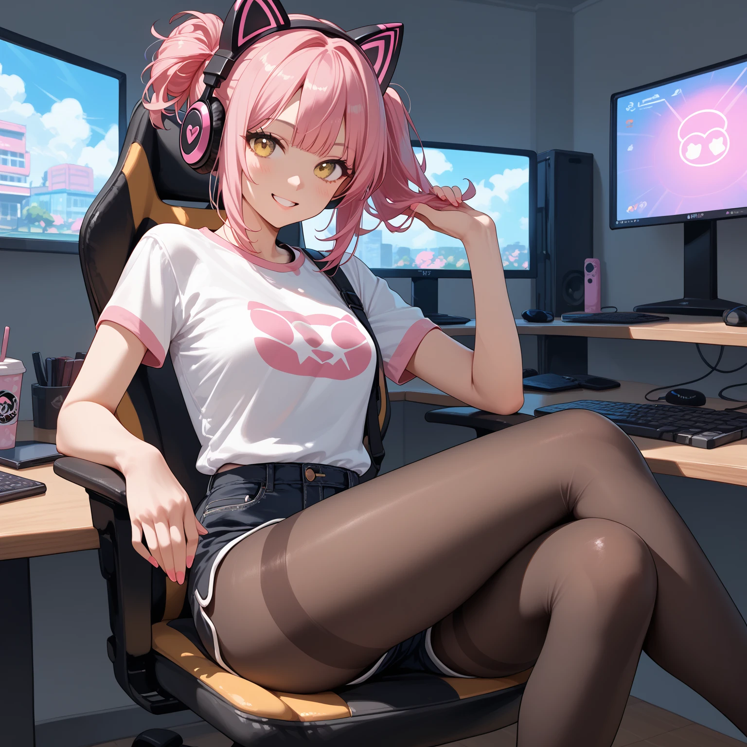 ((best qualtiy)), Beautiful portrait of a genki girl,Sweet girl,White hair,red color eyes,Japanese anime,adolable,Anime figure,show legs,expose feet,without wearing shoes,There is a computer on the desk,Recline on a black gaming chair,Wear cat ear headphones,Facial shyness,White off-the-shoulder coat,flower pots,The whole is pink style,Otaku girl,At home,White transparent stockings