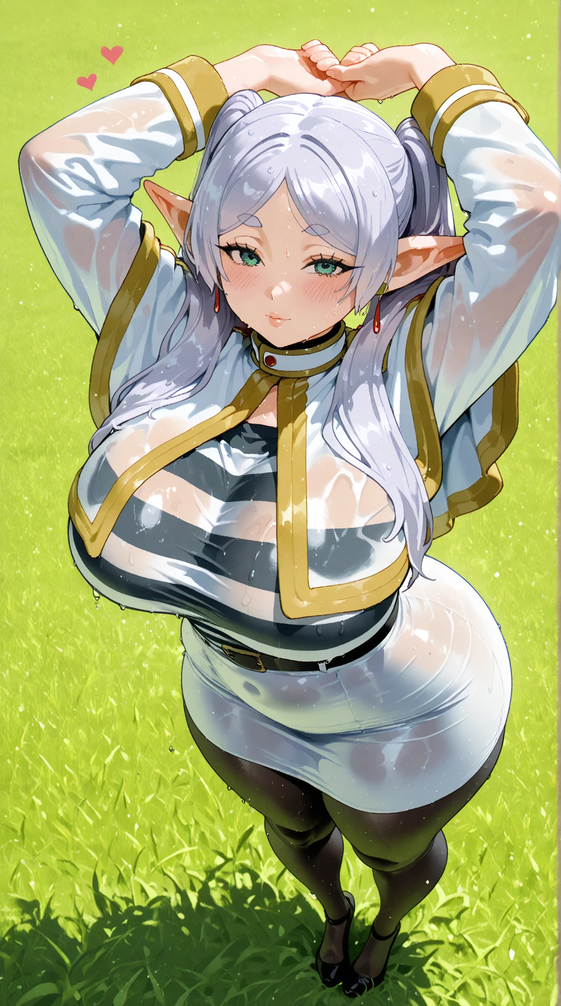one-girl,the original god,Paimon,cleavage,Be red in the face,Close-up shot,sportrait,looks into camera,ssmile,White clothes,mediuml breasts,jungles,grassy fields