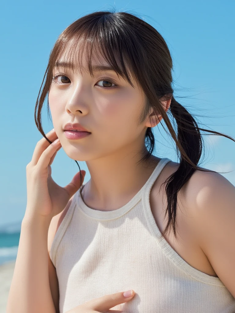 (((Top-down configuration:1.33)))、((No underwear:1.55))、One Girl、Beautiful and detailed eyes and face、barefoot、20 year old cute Japan woman, ((Extremely precise and accurate anatomy:1.0)), (photo Realistic:1.4), (hyper Realistic:1.4), (最高品質のRealisticな肌の質感:1.4), (Improvement of quality:1.4), (Enhances the beauty of skin texture:1.1), Clean and glowing skin, mesh, thin:1.2, (Realistic:1.3), Realisticなライティング, (Smoother lighting:1.05), (Improving the quality of cinema lighting:0.9), Backlight, A gentle light on your face, Ray Tracing, (Bright light:1.2), 32k, One Japanese woman, fine grain, Detailed face, (Film Grain:1.1),(Accentuates body lines:1.1), High resolution, Natural look, Kind eyes, Improves hair quality, Delicate light and shadow, Transparent muscles, Graceful pose, Beautiful Eyes, Sharp details, Soft light reflection, Beautiful contours, Delicate skin tone, Fine hair texture, Natural background, (((sunny day、Beach、A strong wind is blowing、Her hair and skirt are flying、Squat, Traditional navy blue sailor uniform、Open shirt、Pleated skirt、Scooping seawater with hands:1.25、splash、Sandy Beach、Light of the sun、clear blue sea、The waves crash quietly、Blue sky and white clouds、green mountain々、Beautiful Nature、The joys of youth)))、