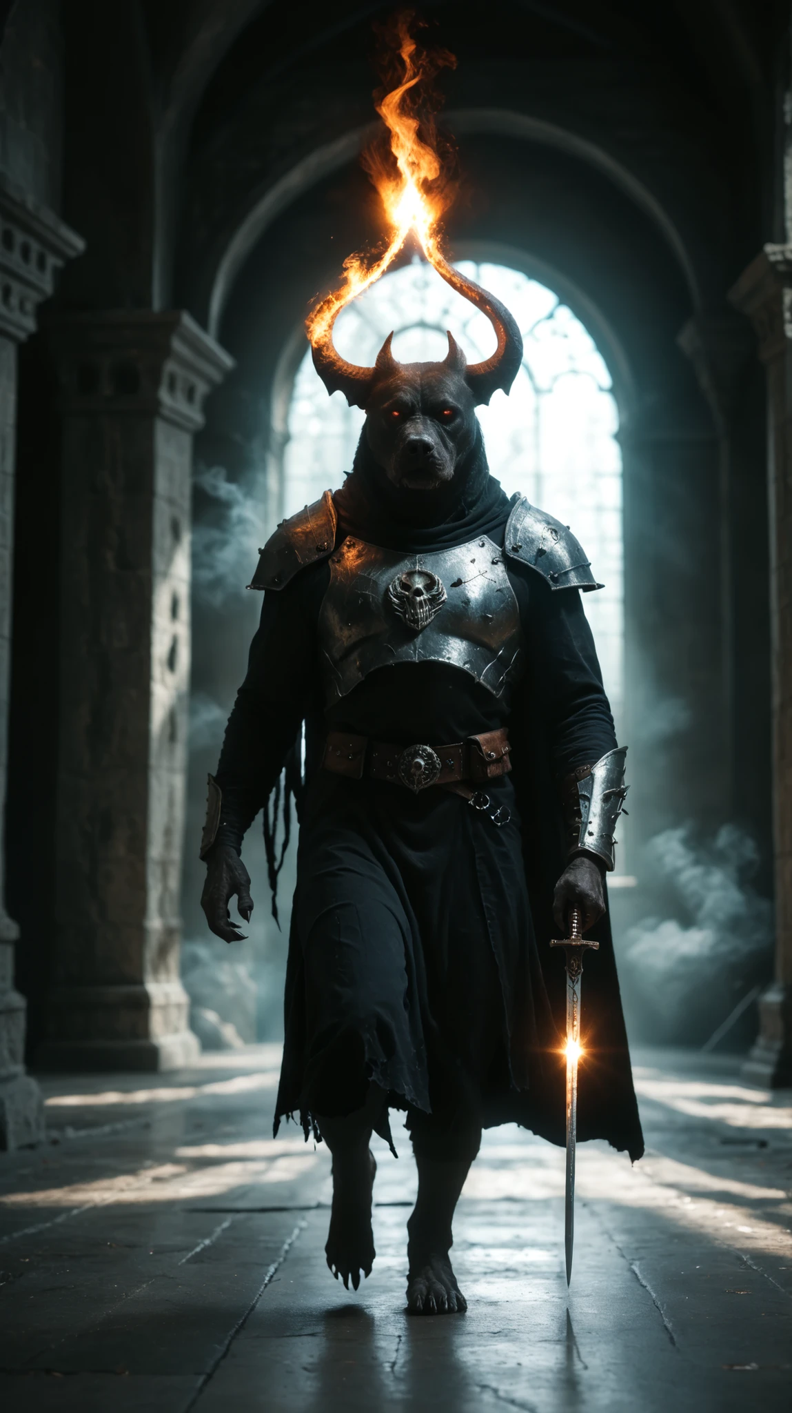 (anthro) ((pitbull)) wearing dented and scorched armor holding flaming magic sword high above his head ready to strike a giant demonic monster. Set against a dark temple filled with ethereal tendrils of smoke. A dark altar made of bones fills the background. monsterlora, cinematic, dramatic, ominous, dynamic lighting, (extreme long shot, canted framing, dutch angle)