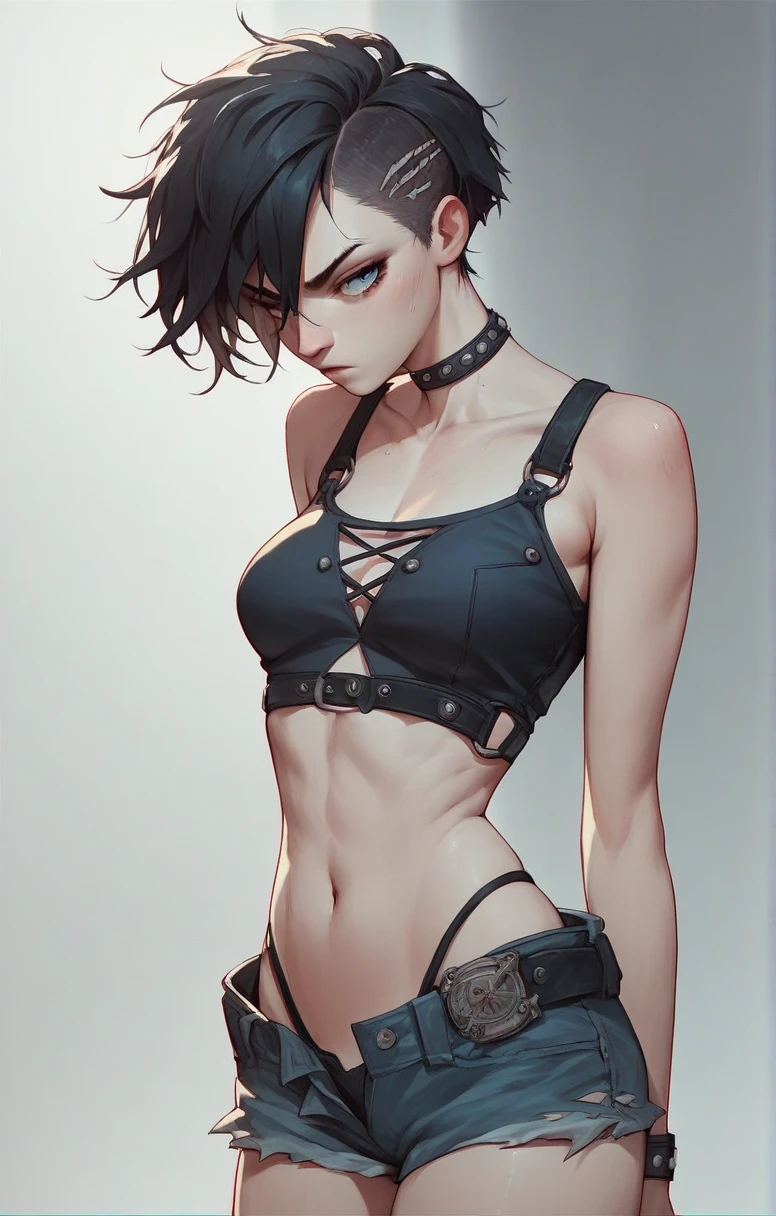 Tomboy girl, athletic fit body, short hair of nutty color, beautiful detailed eyes, beautiful detailed lips, tank top, boxer briefs, detailed muscular legs, dynamic pose, realistic, photorealistic, 4k, 8k, highres, masterpiece, ultra-detailed, (1girl)