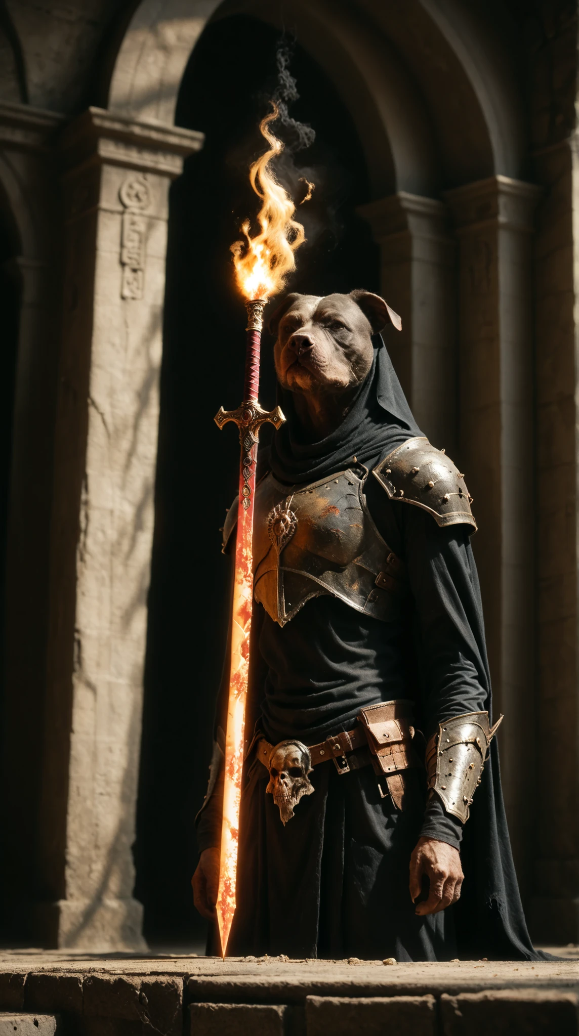 (anthro) ((pitbull)) wearing dented and scorched armor holding flaming magic sword high above his head ready to strike a giant demonic monster. Set against a dark temple filled with ethereal tendrils of smoke. A dark altar made of bones fills the background. monsterlora, cinematic, dramatic, ominous, dynamic lighting, (extreme long shot, canted framing, dutch angle)