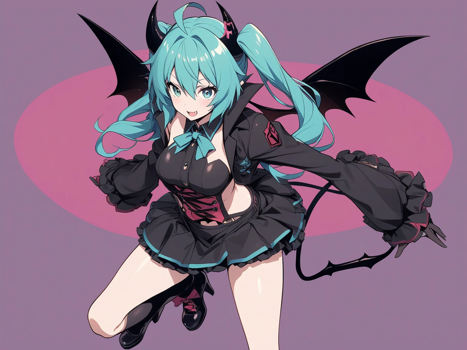 Complete body Vampirewings Peeled purple simple style color Demon girl hay horns anime 2d, (multicolor hair: purple and black), small eyes Boku no hero posecompleta tail Boku no hero costume Boku no hero style, adult appearance, young older, stand up, stand up, demon wings, HD, 4k, scholar uniform white and green, shoes, good anatomy, five fingers, perfect hands, succubus friendly beautiful 