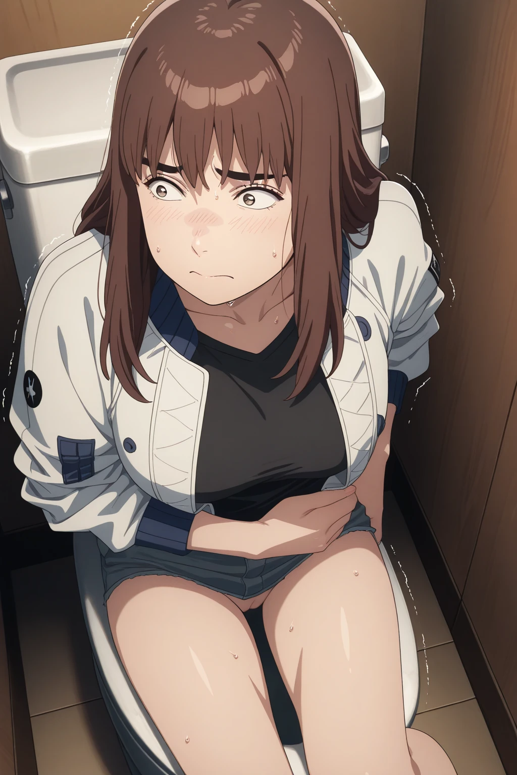 nsfw, (masterpiece, top quality, best quality, highly detailed:1.6), extremely detailed CG unity 8k wallpaper, strong facial expression, (sharp eye:1.2), (scowl:1.1), (embarrassed,blush:1.3), (steam:3), (wet:1.1), (sweat:1.1), (trembling:1.3), (open mouth, wavy mouth:1.4), (closed eyes:1.5), (feeling weak:1.5), (bravery crying, sobbing:1.5), (shoot from front, looking at viewer:1.2), (light blue denim skirt, too micro mini pencil skirt:2), (pee running down legs), (squatting, skirt lift, Pull up skirt and show crotch, clutching skirt:3), (at midnight), night, park, woman, outdoor, (T-shirt, sandals:1.5), (long hair, dark brown hair, ponytail:1.5), (glasses:1.8), (pubic hair, dark brown pubic hair:2.5), (woman trembling with sexual climax:1.5), colorful, full body, wide shot, perfect composition, (crotch, pussy, urethra, panty, panties), urination, incontinence, piss, peeing self, A lot of pee, pee running down legs, panties around one leg, (((pee stream))), (pee puddle), wetting herself, pee stain, peeing, blush, trembling, embarrassed, large breasts, Yellow pee, ((leaking pee)), Shaking one's shoulders, Breaking a sweat on forehead, puddle of pee, Pee at your feet, Pee spread on the floor, Pee stains, Dripping pee between my legs, Feet wet from pee, Pee-covered feet, Pee at your feet, want to pee, about to pee, Full bladder, Pee-soaked denim, Pee-soaked sandals, natural makeup, A pair of partially removed panties is hanging around one of her ankles,