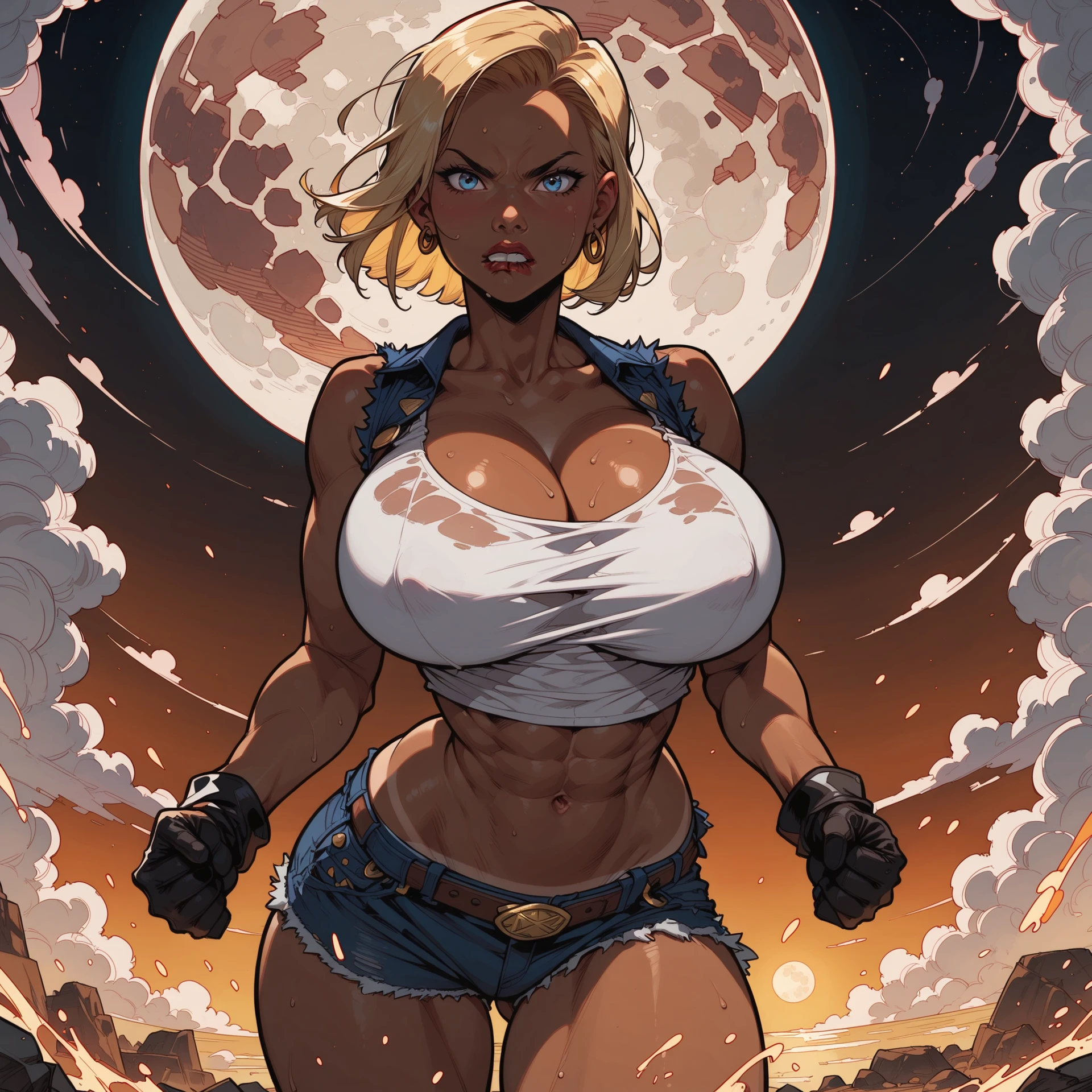 (((1 girl, cute, (gigantic breasts:1.2), sleeveless denim jacket, white lace bra, jeans, black elbow Gloves, blond, short hair, curly hair, side parted hair, blue eyes))), (((blond hair))),
dynamic poses, realistic style, depicting a group of characters in various action scenes, from intense battles to lighthearted moments, with dramatic speed lines and bold sound effects, capturing the excitement and energy of the story, Laser rays from the palm of hand, Attack forward with palm, stonehedge, england,