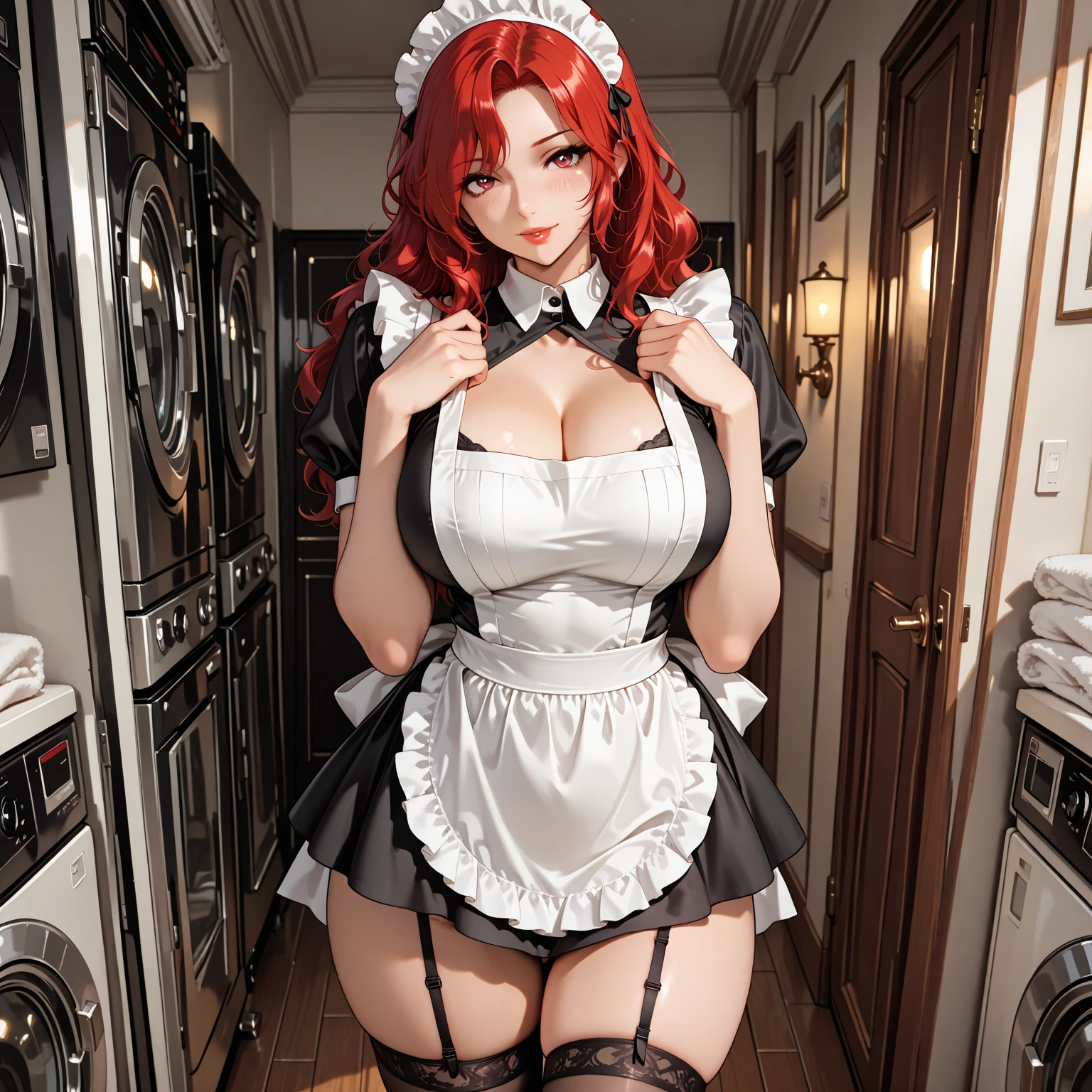 (1girl),(alone),(white skin),(long red hair),(young),(beautiful and super hot),(structured slim 1girl),(alone),(white skin),(long red hair Red eyes),(young),(beautiful and super hot),(slender body structured),(Big Breasts:1.5),(height 1.74cm),(hot ass),(Wearing),+,(\dressed as a maid, and maid's outfit and super revealing on the back, I lowered the short skirt a lot, showing her legs, and a little of her panties, and the part of the apron at the back of the skirt is very low, showing her delicious buttocks, and over the maid uniform it looks like a very short and sexual bra, and she has an ass big and super big breasts, she is super busty and has very big buttocks)/