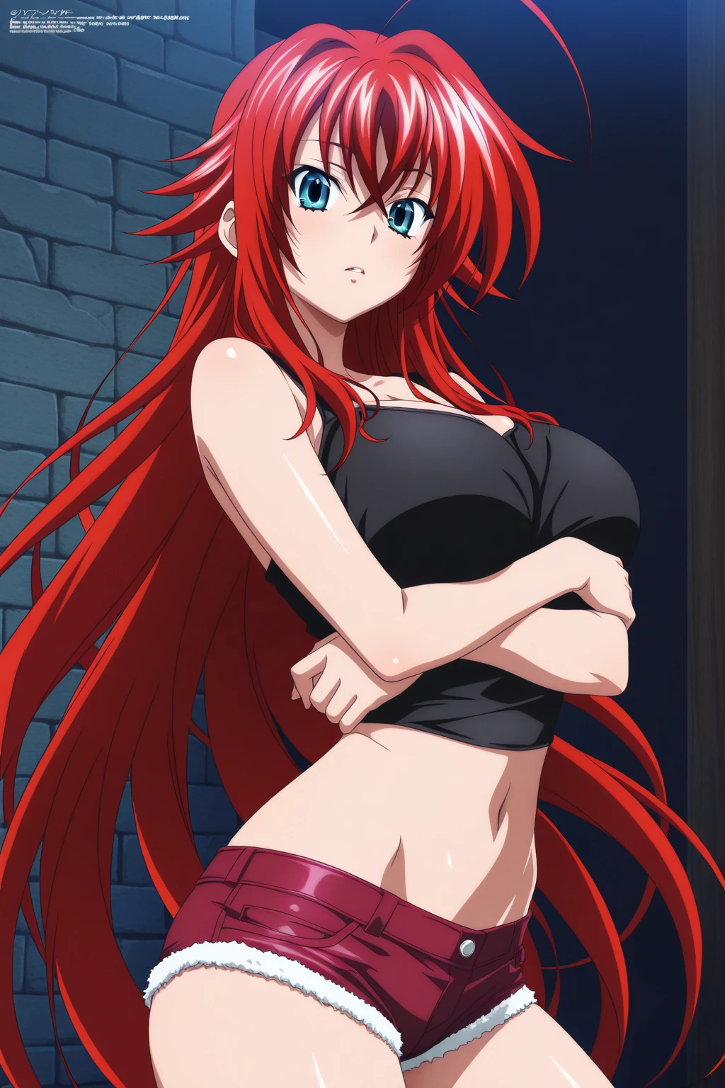 Rias Gremory, red hair, High School DXD, swim suit, big , sexy pose, sexy body, perfect figure, hot, ((black bikini)), long hair, bare arms, beautiful naked back, ((back view))