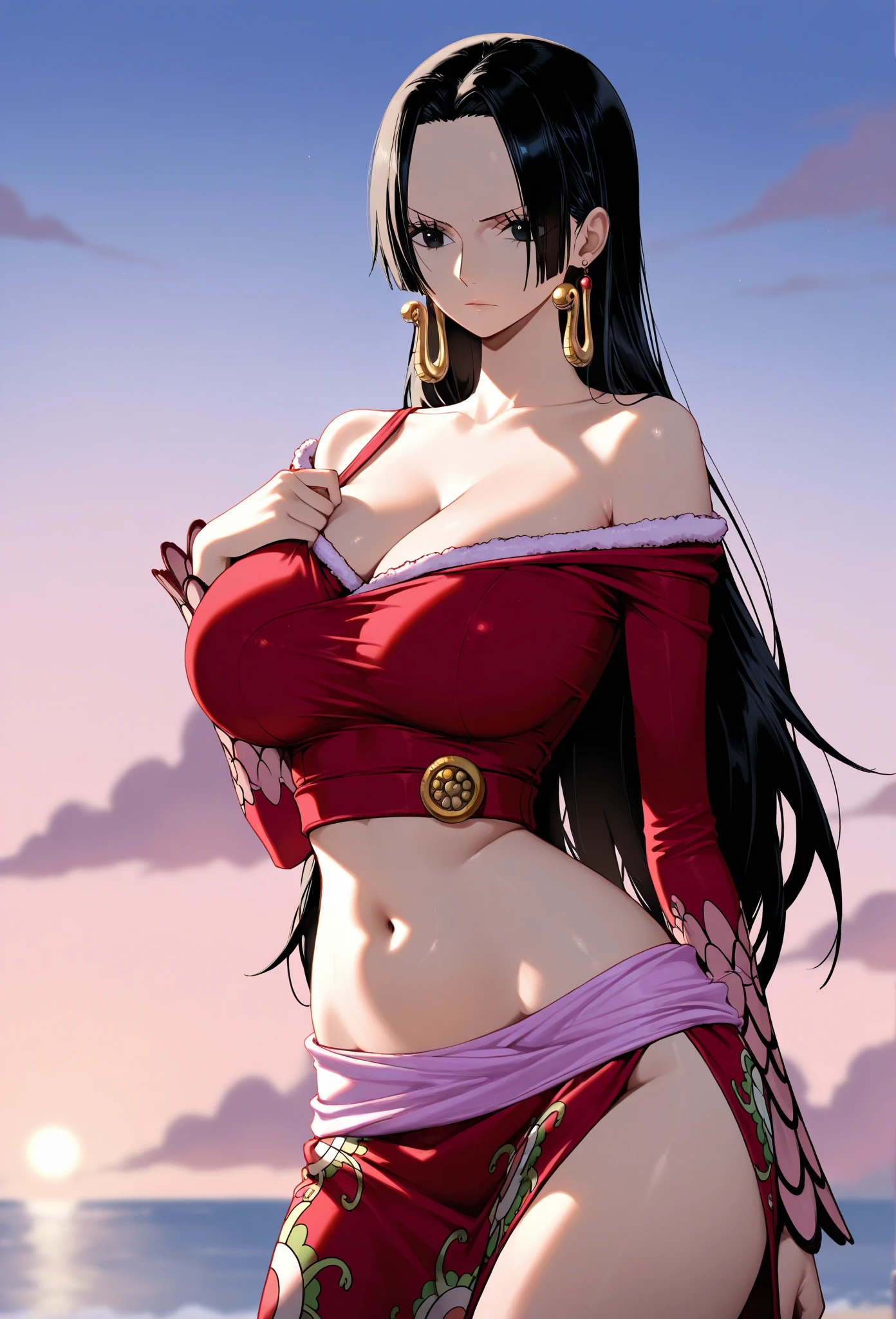 ultra realistic 8k cg, masterpiece, ((ultra detailed background, delicate pattern, intricate detail, highly detailed, fine details best quality, hyperdetailed face)), gigantic breasts ,beautiful lighting, absurdres, BoaHancockV2, 1girl, solo, black hair, long hair, jewelry, closed mouth, ), (white crop top, turtleneck, bare shoulders, red split skirt, underboob, earrings, blue eyes, complex detailed background, inside, luxury palace), ((cowboy shot)), curvy, gigantic breasts, seductive smile