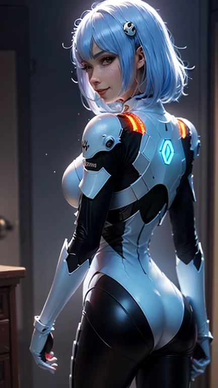 (full body), (alone), Ultra alta qualidade, maximum definition, 8k, Arcee (Transformadores: War for Cybertron), (identical to the series), (head identical to cartoon), (((cyborg))), totalmente humanizado, human skin, (Rosto muito detalhado), (Olhos muito detalhados), robotic body, Human-robot transition, robotic and human, (Synthetic skin), quadris largos, coxas grossas, bunda grande, sexy, fazendo pose, sorriso malicioso, (side view), bumbum empinado,