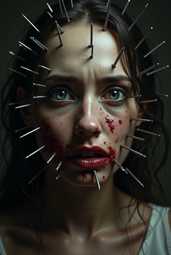A sad woman suffering from violence with many nails stuck in her face and her face being cracked and with many bruises in semi-realistic style 