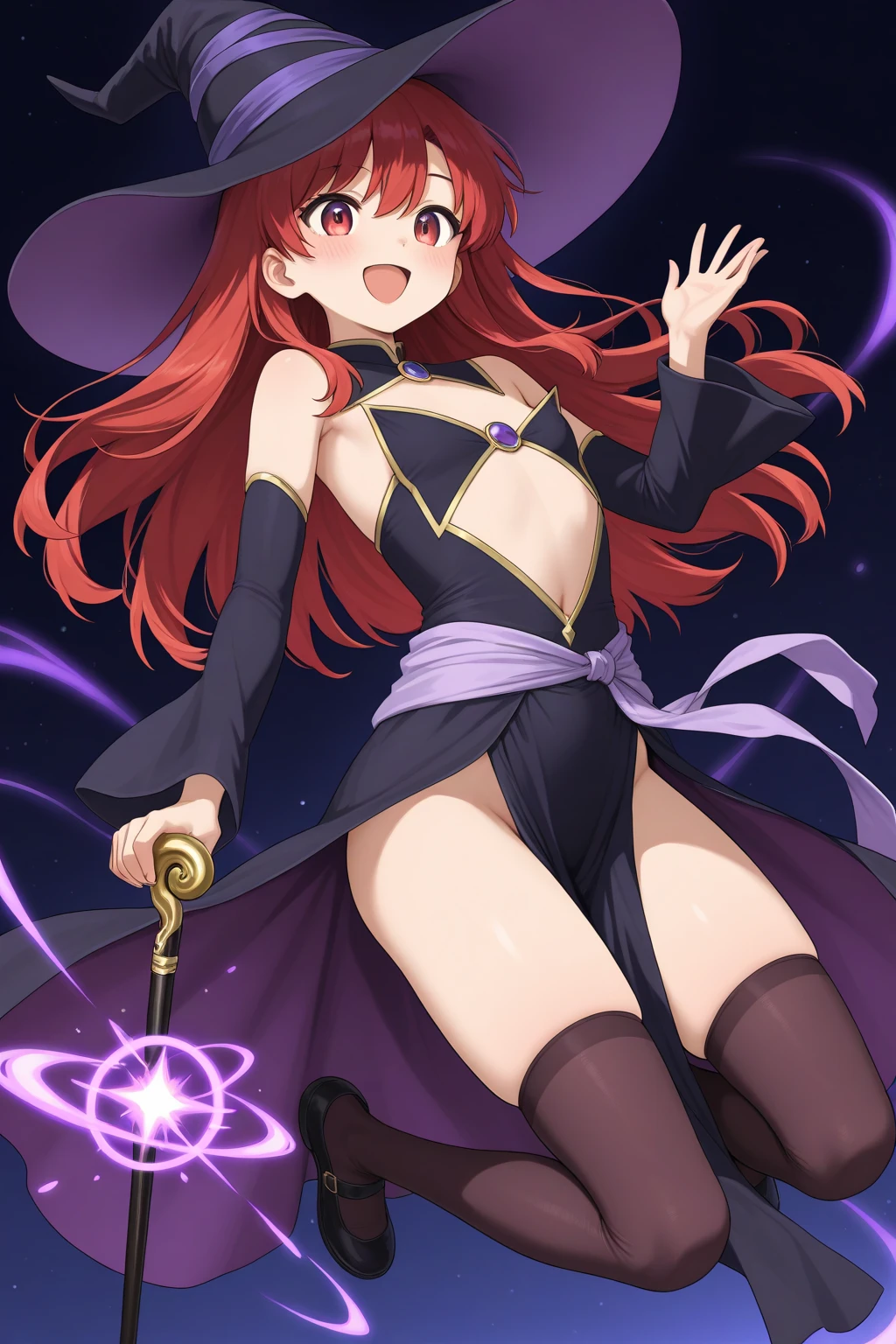 witch, in purple bikini, red eyes, red necklace, purple witch hat, medium-length brown hair, on the beach of an island
