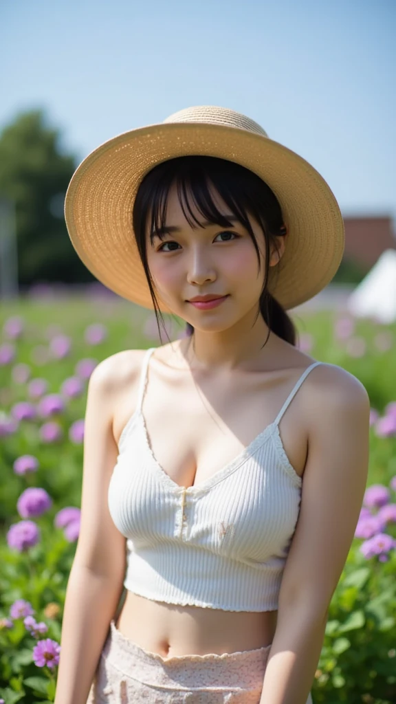 Top-quality Realistic,Official art,Highly detailed CG Unity 8k wallpaper,ultra-detailliert,hight resolution,Physically-based rendering,Magnificat,finely detail,masterpiece,Best Quality,ultra detailed,Mature beauty,Beautiful women,1girl,moist lips,sexy lips,Sexy smile,Gentle smile, 20 years old, Beautiful bare skin,Smooth bare skin, big well-shaped breasts,beautiful Mature body,swept bangs,(Medium hair:1.3), beautiful detailed eyes,model shoot style,Japanese Idol,Full-body,((Hydrangea blooming on the slope behind the alley )),BREAK,(Erotic micro BIKINI Linen off-shoulder Light purple:1.3),(wide brimmed straw hat),Standing model pose,Delicately expressed eyes,cute smile,shoot from front,(Standing on back alley path), outstretched hand, ((Extreme close-up)),(Purple, pink, blue, white, colorful hydrangeas), Close your cheek to the hydrangea,