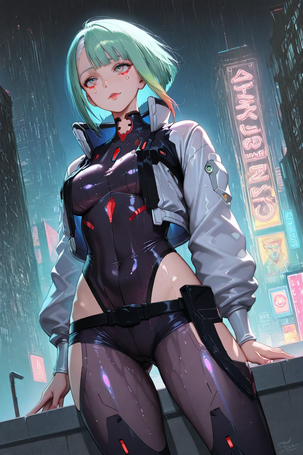 1girl, (solo), very long straight hair, light blue hair, flat chest, small size, blue eyes, fair skin, glossy lips ,team rocket uniform, blue letter A, white skirt, white crop top, black thigh-high boots, black elbow gloves, smile, red cheeks, looking down on viewer, walking, ????? sex, ??? view, full body, (days), sun, out forest, (very sexy body, detailed face, masterpiece, highly detailed, 8k, best quality, vibrant colors, digital art, concept art)