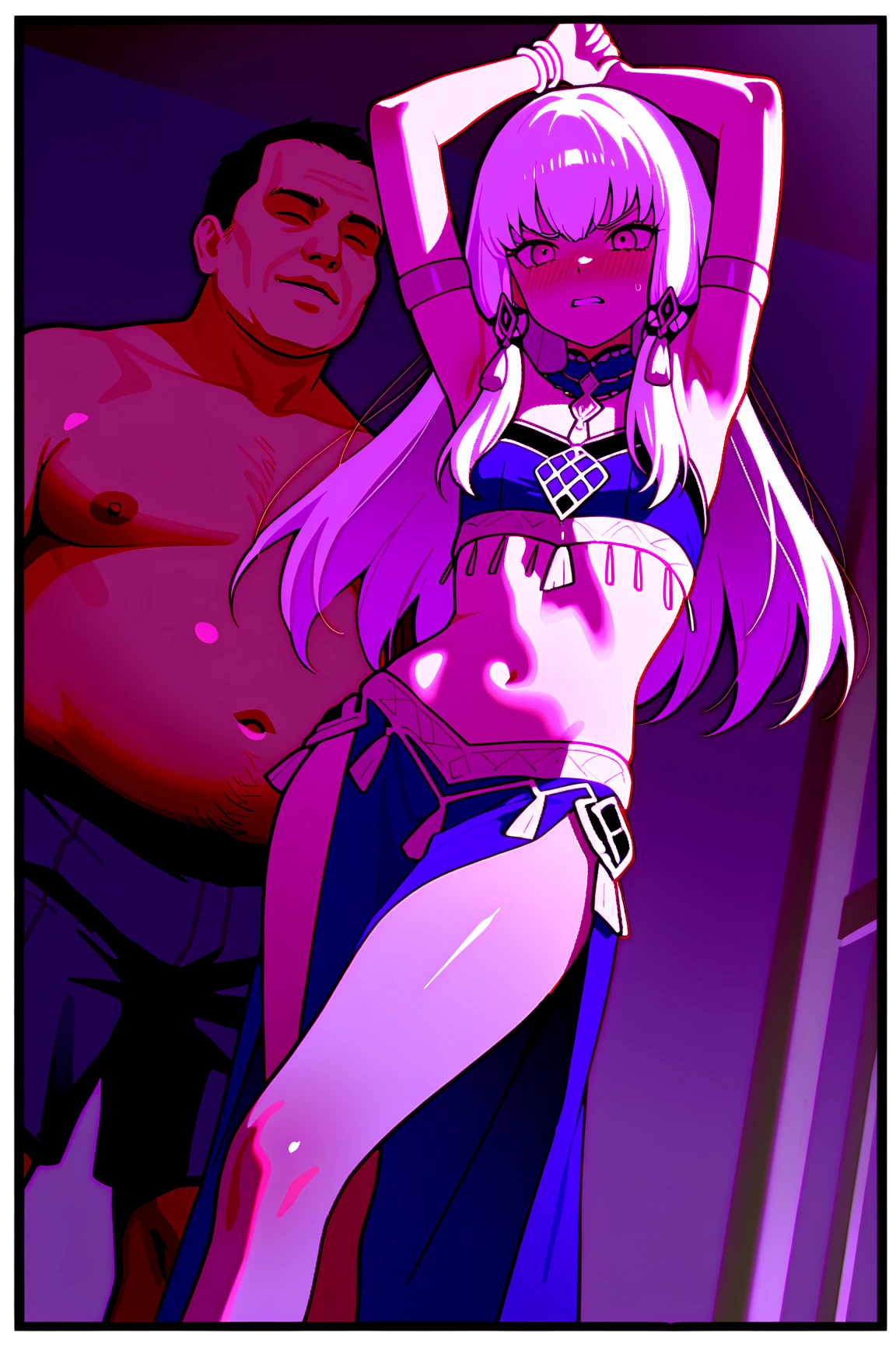 NSFW,masterpiece,Highest quality,High resolution,Very detailed,Girl,Short height,Leather Suit,leotard,Sleeveless,hair ornaments,Earrings,gem,Decoration,Nightlife,Brothel,bedroom,cyber punk,(Ecstasy face),Lustful face,Embarrassed,blush,Drooling,Erect nipples,(Sex slave),A flattering face,(prostitution),(Prostitute),(Have sex),(Middle-aged men),insert,Leg spread