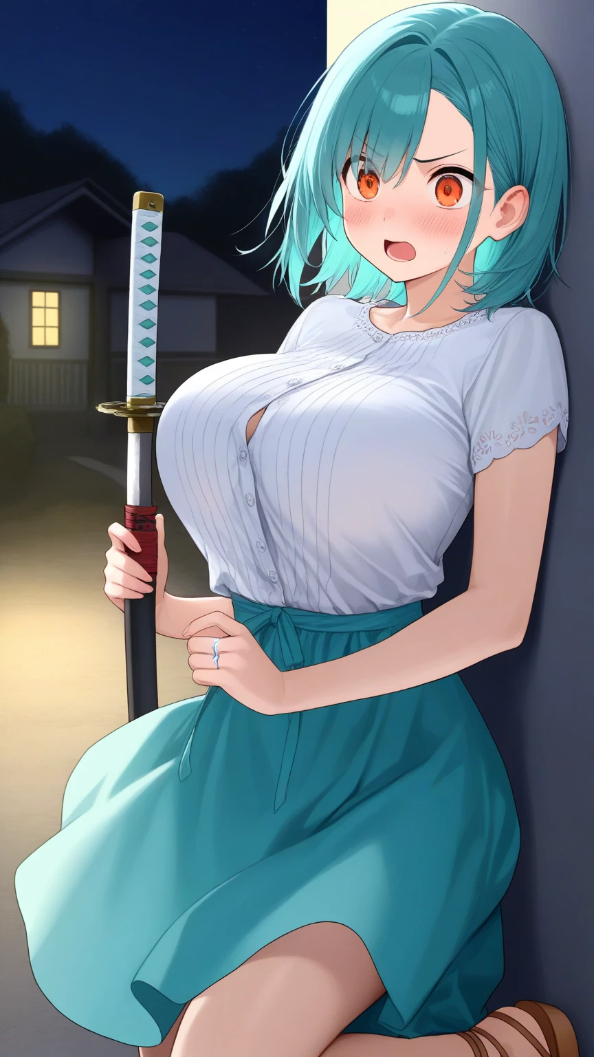 masterpiece, best quality, 1girl, kamisato ayaka, solo, ((gigantic sagging breasts, large breasts, gigantic breasts, sagging breasts)),(saggy tits:1.1),(sagging breast:1.1),(huge breasts:1.8), Bursting breasts, ponytail, blunt bangs, smile, bangs, long hair, looking at viewer, chest sarashi, blue eyes, hair ornament, hair ribbon, ribbon, mole, mole under eye, sidelocks, japanese clothes, topless, grey eyes, blue hair, light blue hair, rey hair, skirt holds, hakama, cowboy shot, hakama skirt, katana, weapon, cleavage, planted sword, planted weapon, holding sword,
