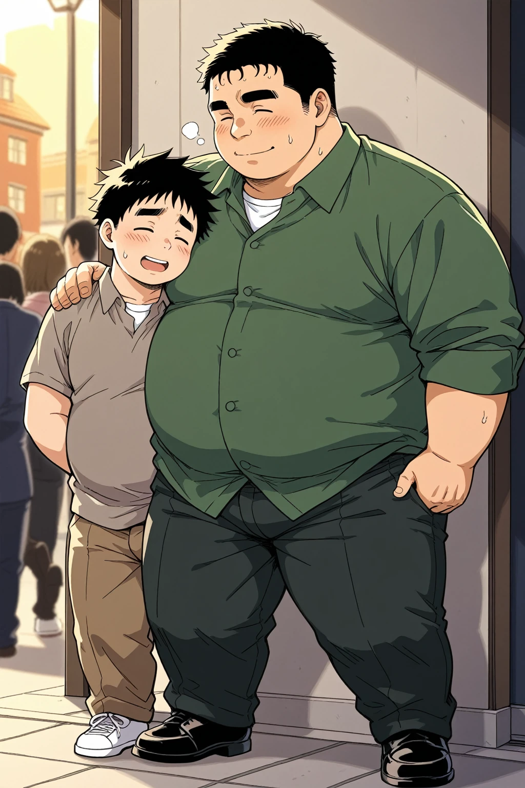 masterpiece,best quality,highres,best quality,(mature_male:1.2),<lora:weight_slider_v2:1.5>,2boys,outdoors,blush,t-shirt,hug,hug from behind,cleavage,white shirt,<lora:HUGGY-000008:0.7>,sleeveless black one piece dress,love,romantic,
in a park,gay,male focus,bald hair,
at night,(hairy:1.2),<lora:qiaotai:0.4>,nipples,plump,belly,fat,male focus,